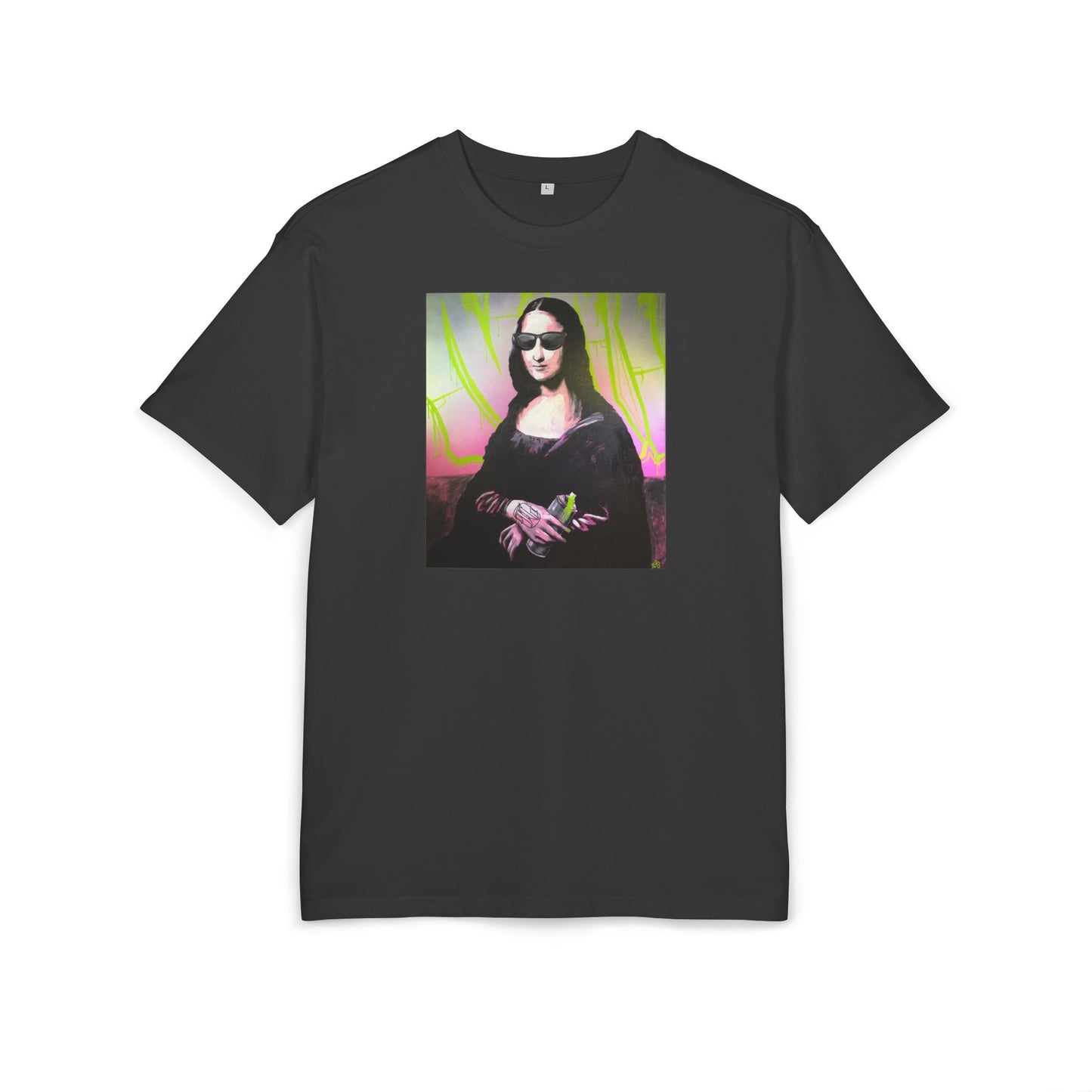 black t-shirt with a graphic of Mona Lisa wearing sunglasses on a white background, front