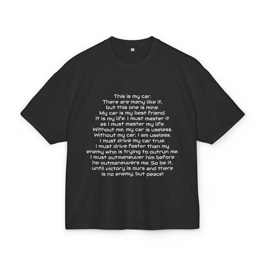 black box t-shirt with white car inspired text on a white background, front