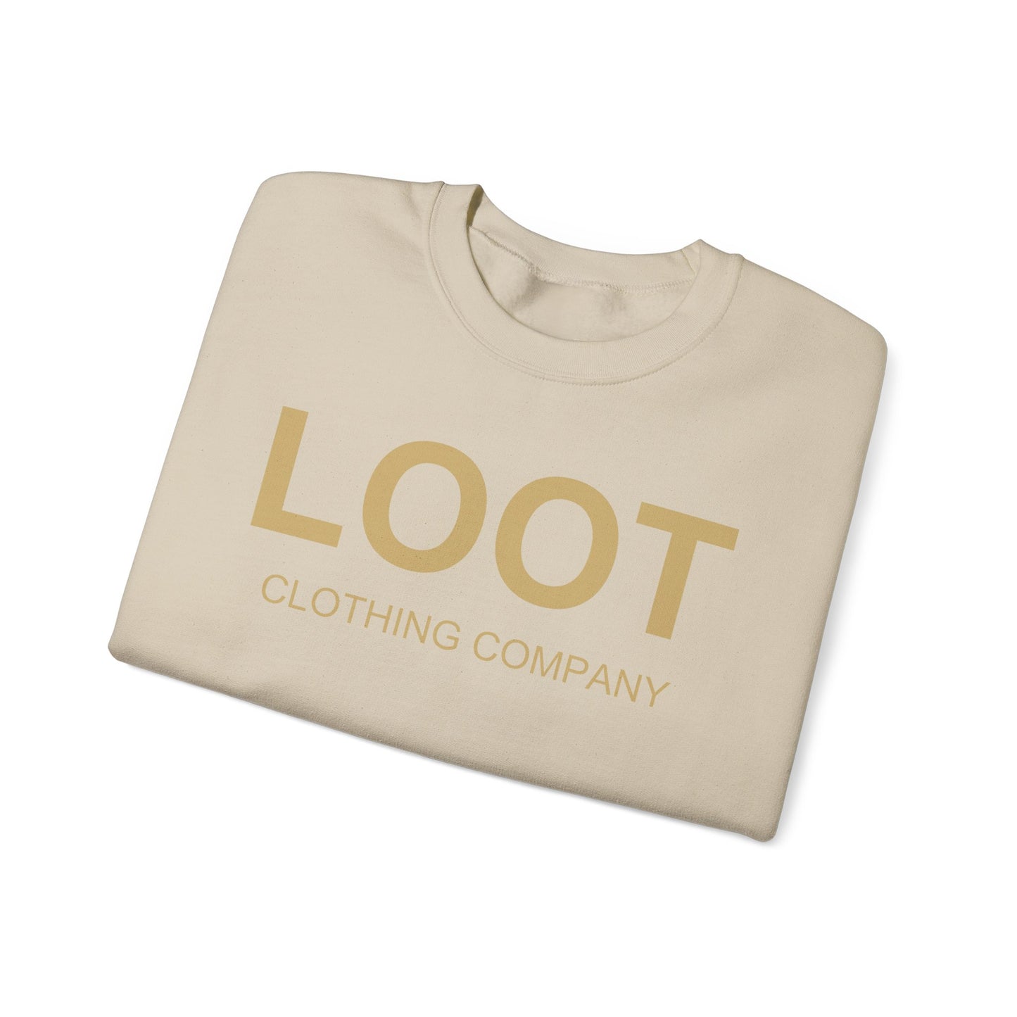 Folded beige sweatshirt with 'LOOT Clothing Company' text on a white background, front