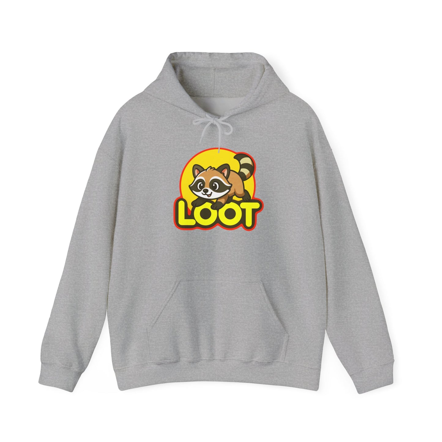 sport Gray hoodie with a raccoon graphic and 'LOOT' text on a white background, front