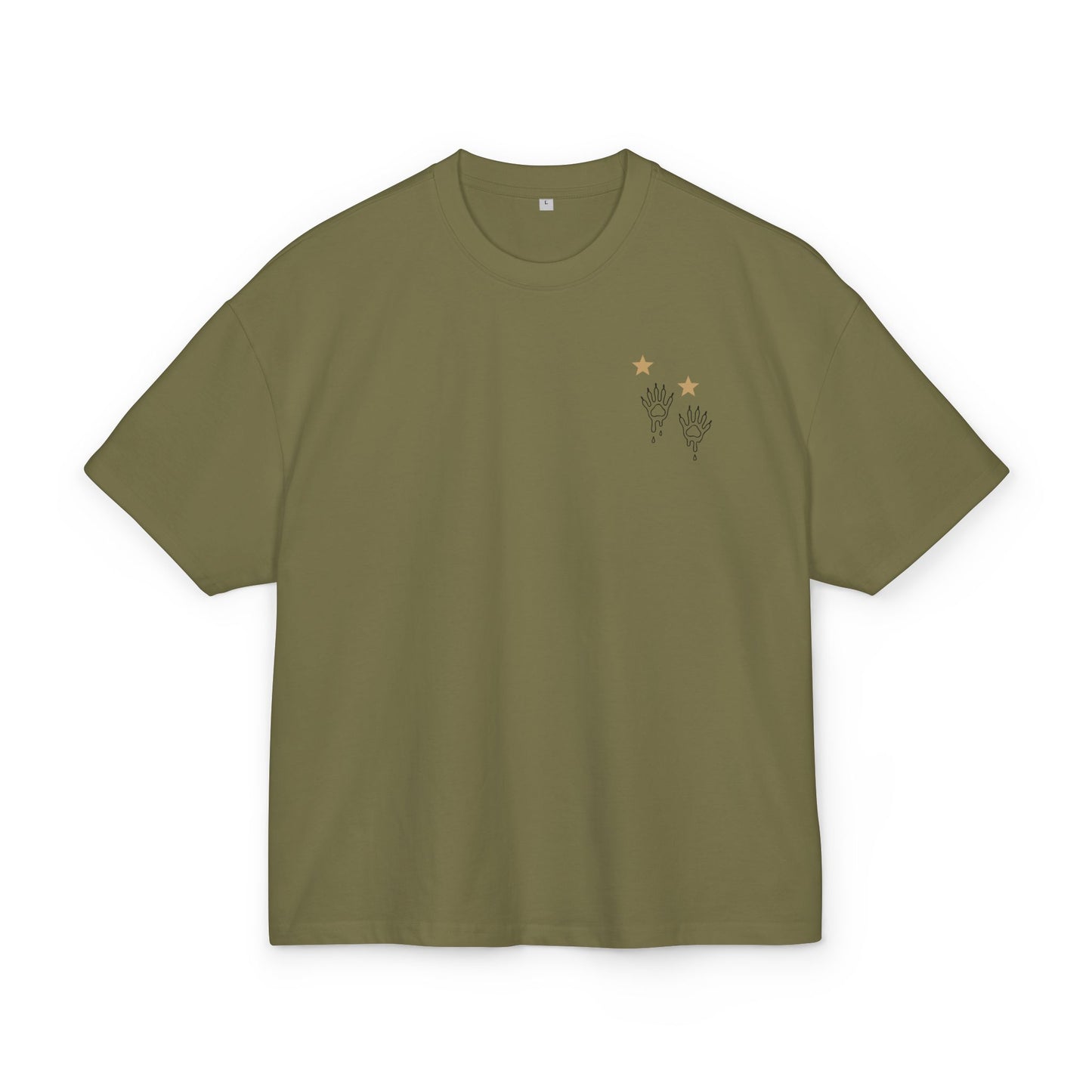 olive t-shirt with small graphic raccoon prints and stars on a white background, front