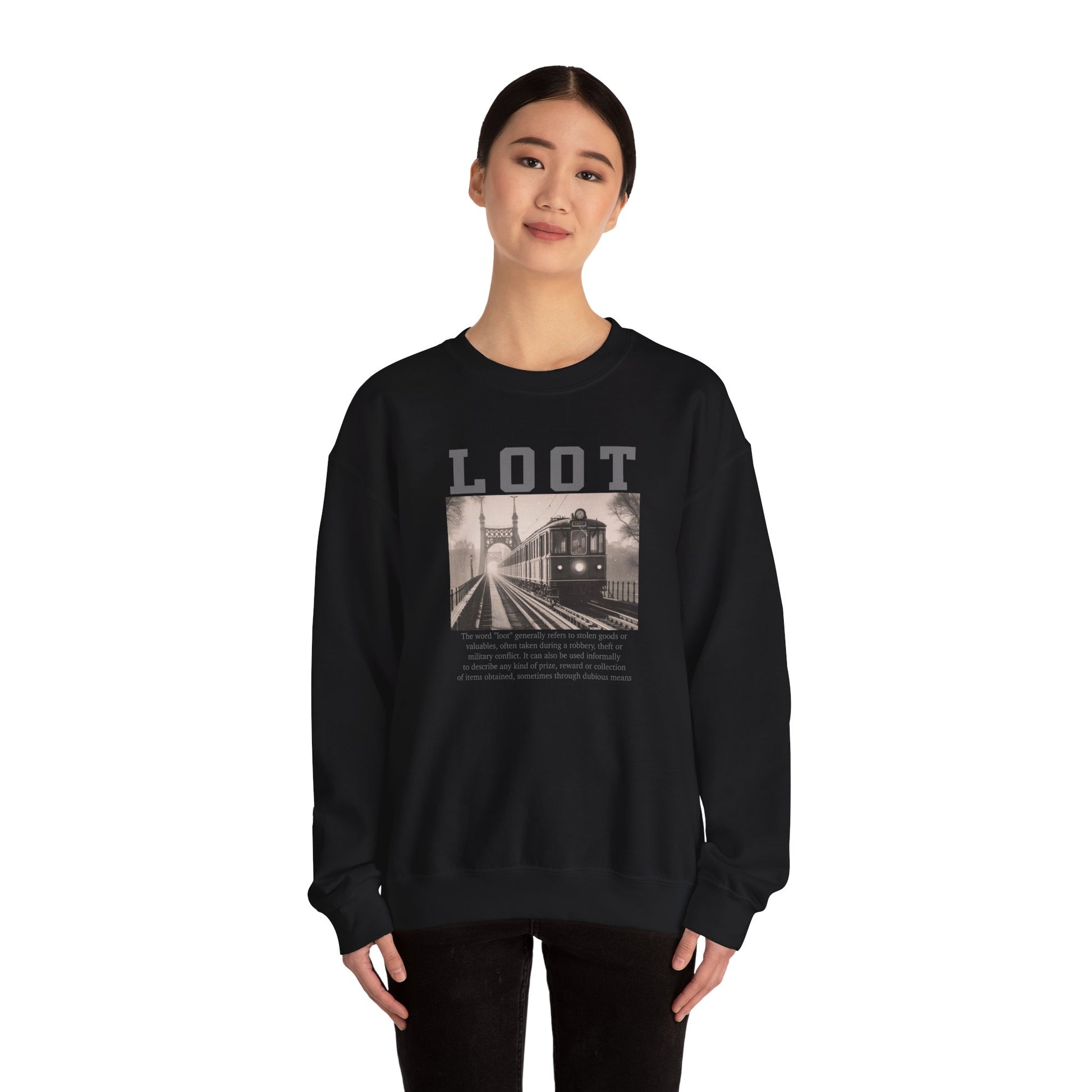 woman wearing black sweatshirt with graphic design and 'LOOT' text on a white background, front