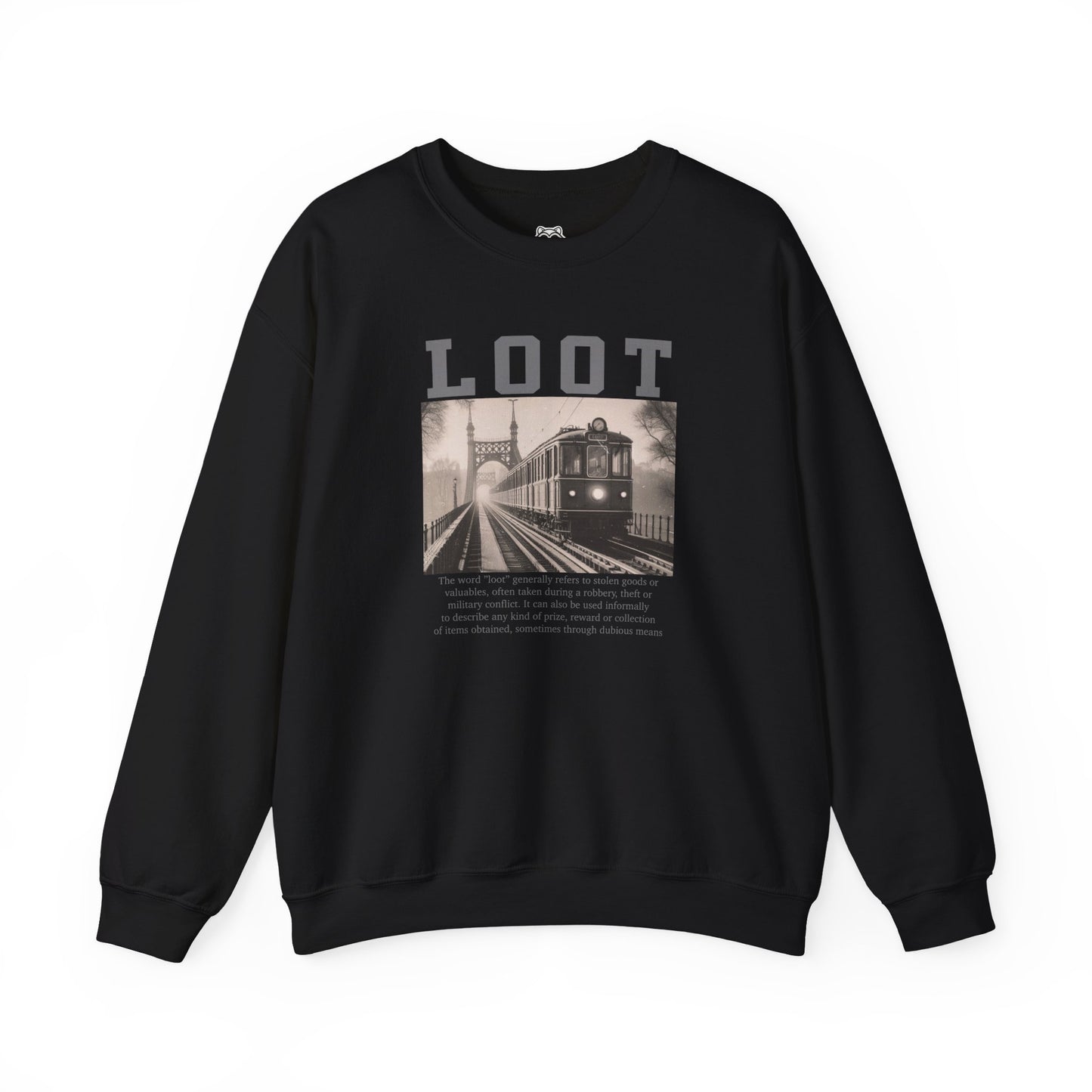 black sweatshirt with graphic design and 'LOOT' text on a white background, front