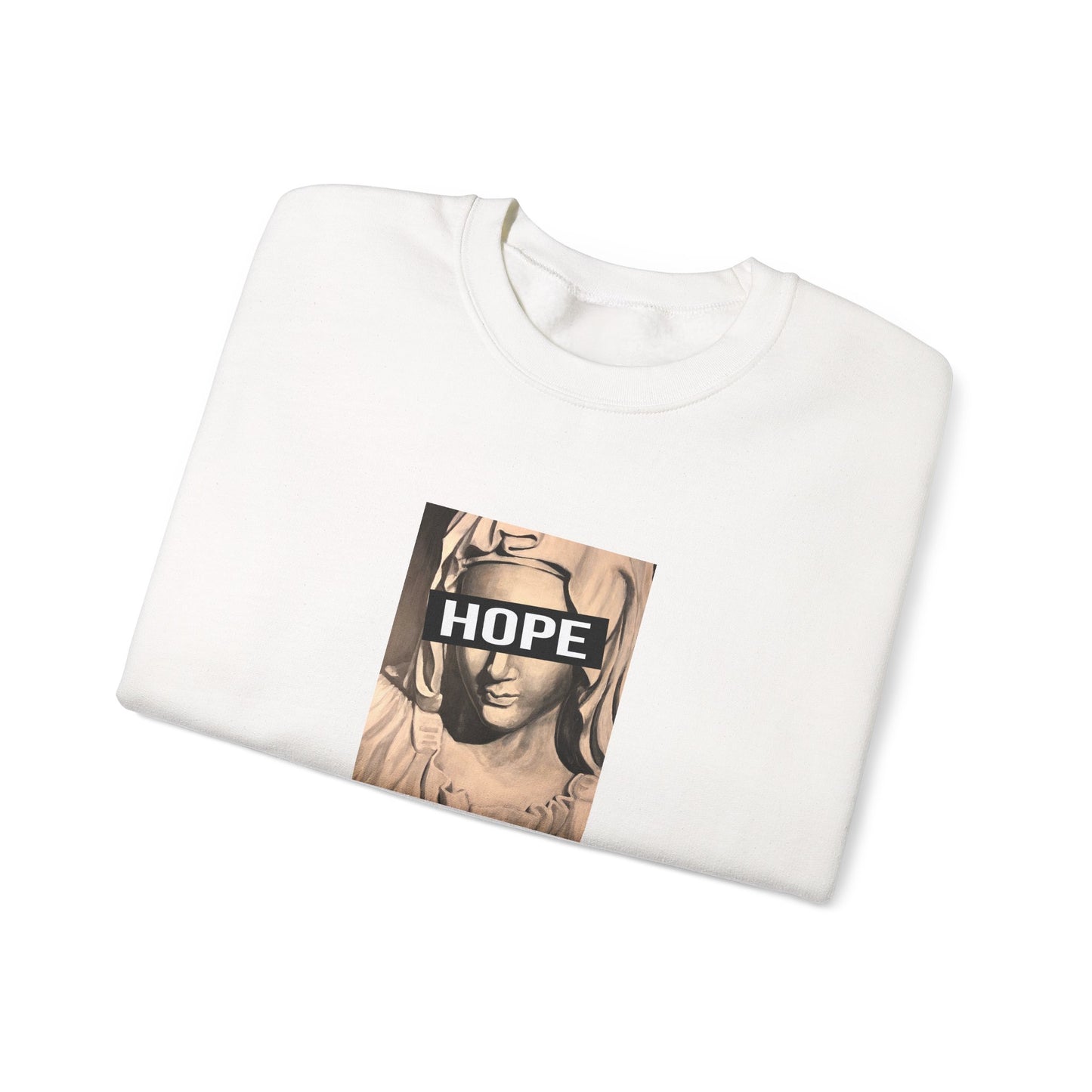 white folded crewneck sweatshirt with a graphic print of a person's face and the word 'HOPE' on the front, front
