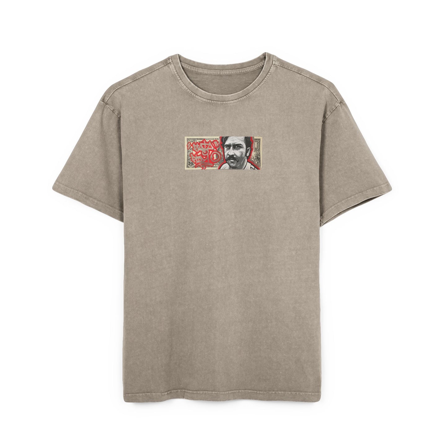 Beige t-shirt with a graphic design of pablo escobar on a white background, front