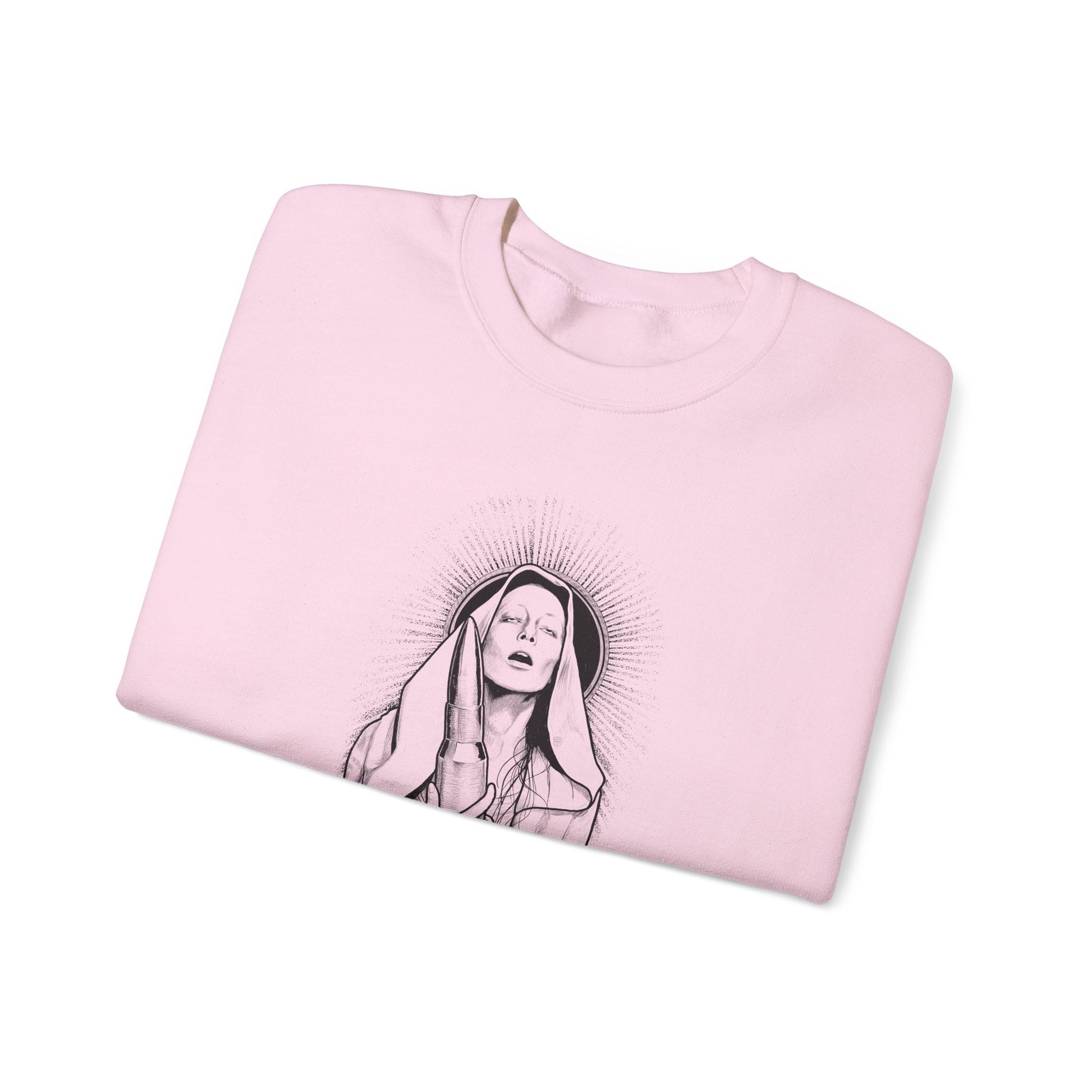 folded light pink crewneck sweatshirt with a graphic print of a person and the text 'No Hope' on the front, front