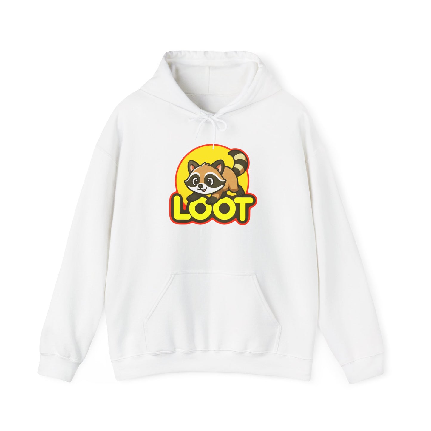 White hoodie with a raccoon graphic and 'LOOT' text on a white background, front