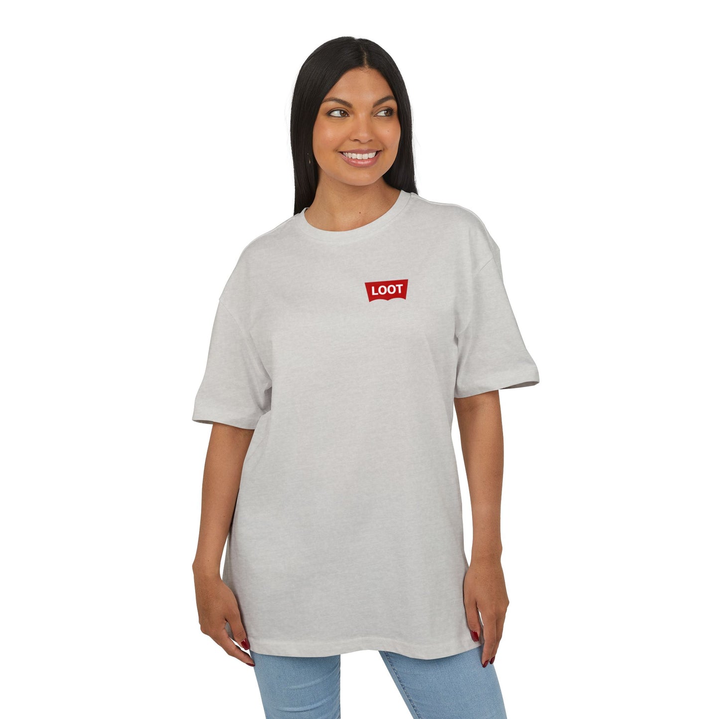 Woman wearing a gray t-shirt with a red logo on a white background, front