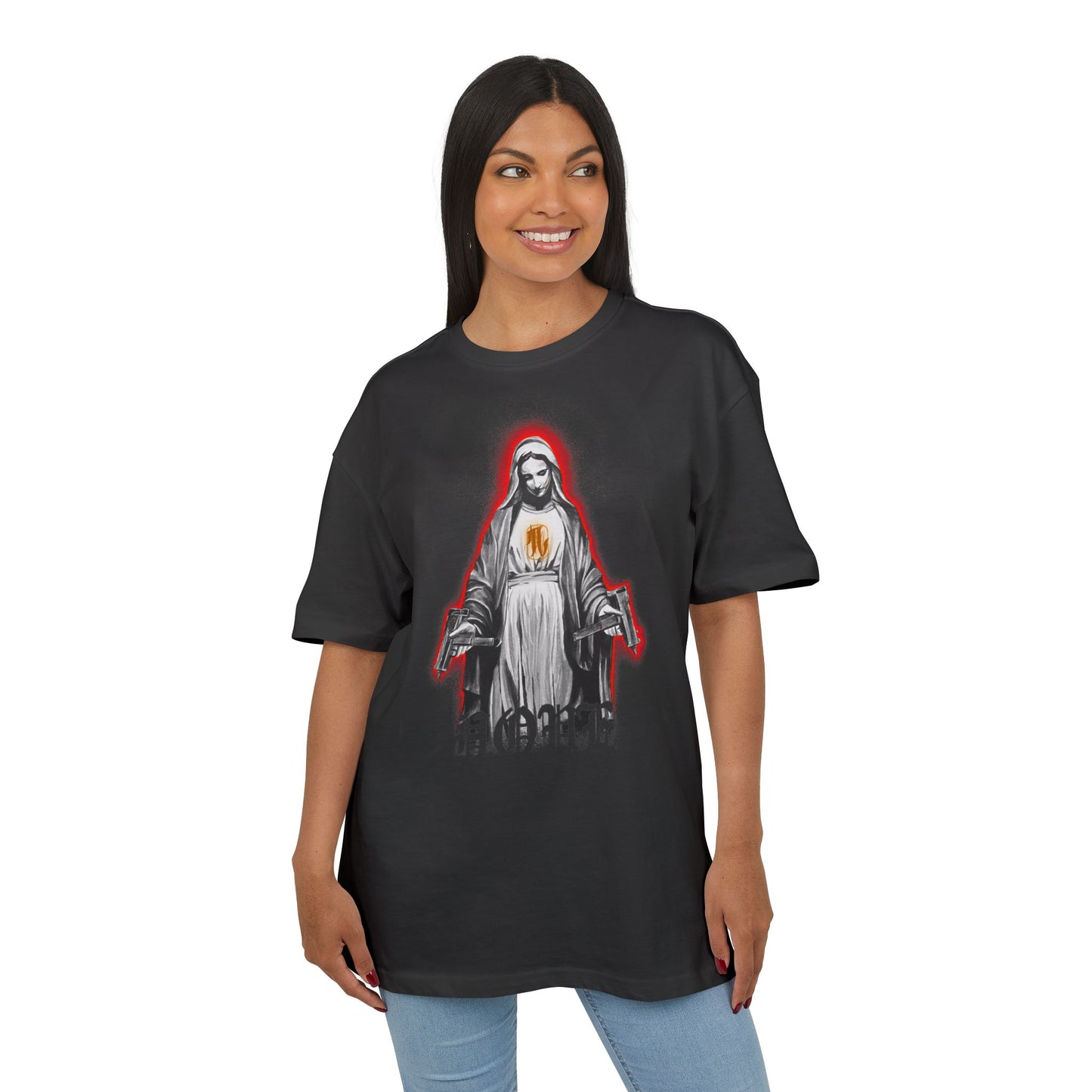 woman wearing black t-shirt with a graphic print of a figure with a red halo, front