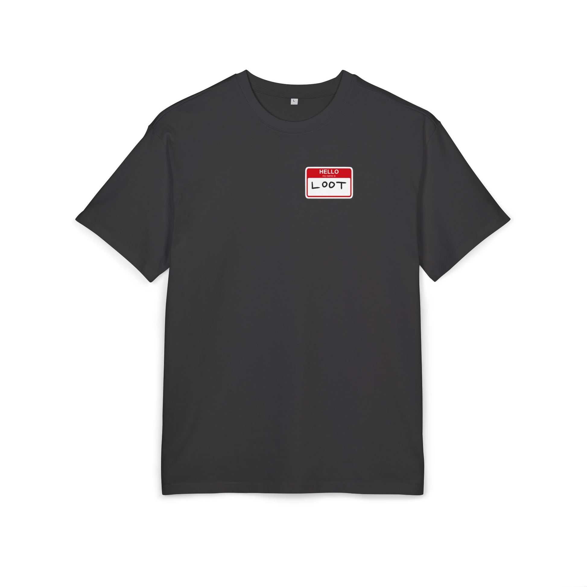 Black t-shirt with a 'Hello, I'm Loot' name tag graphic on a white background, front