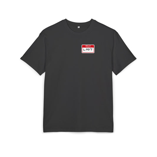Black t-shirt with a 'Hello, I'm Loot' name tag graphic on a white background, front
