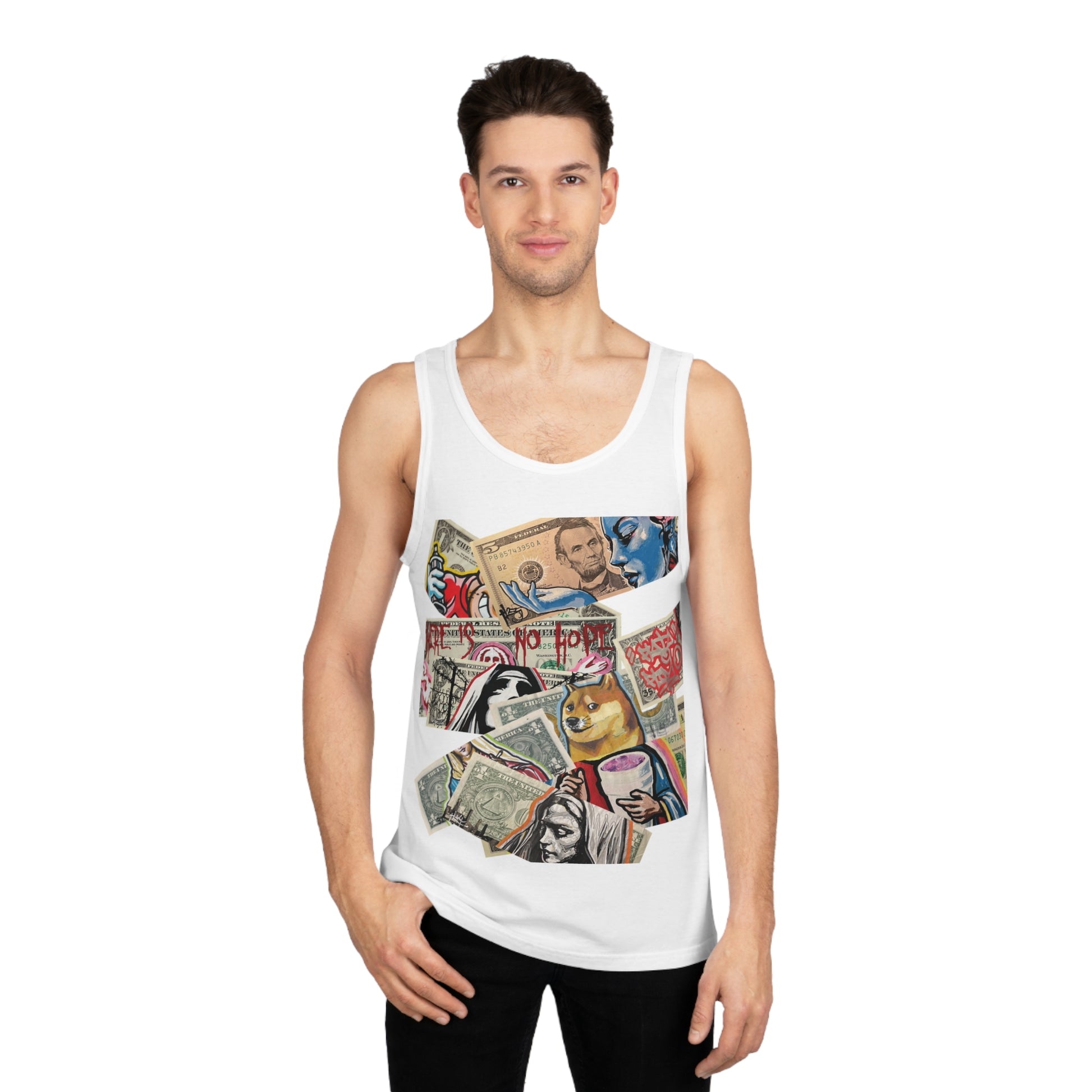 man wearing white tank top with stacked dollars artistic design of dollars and text on a white background, front