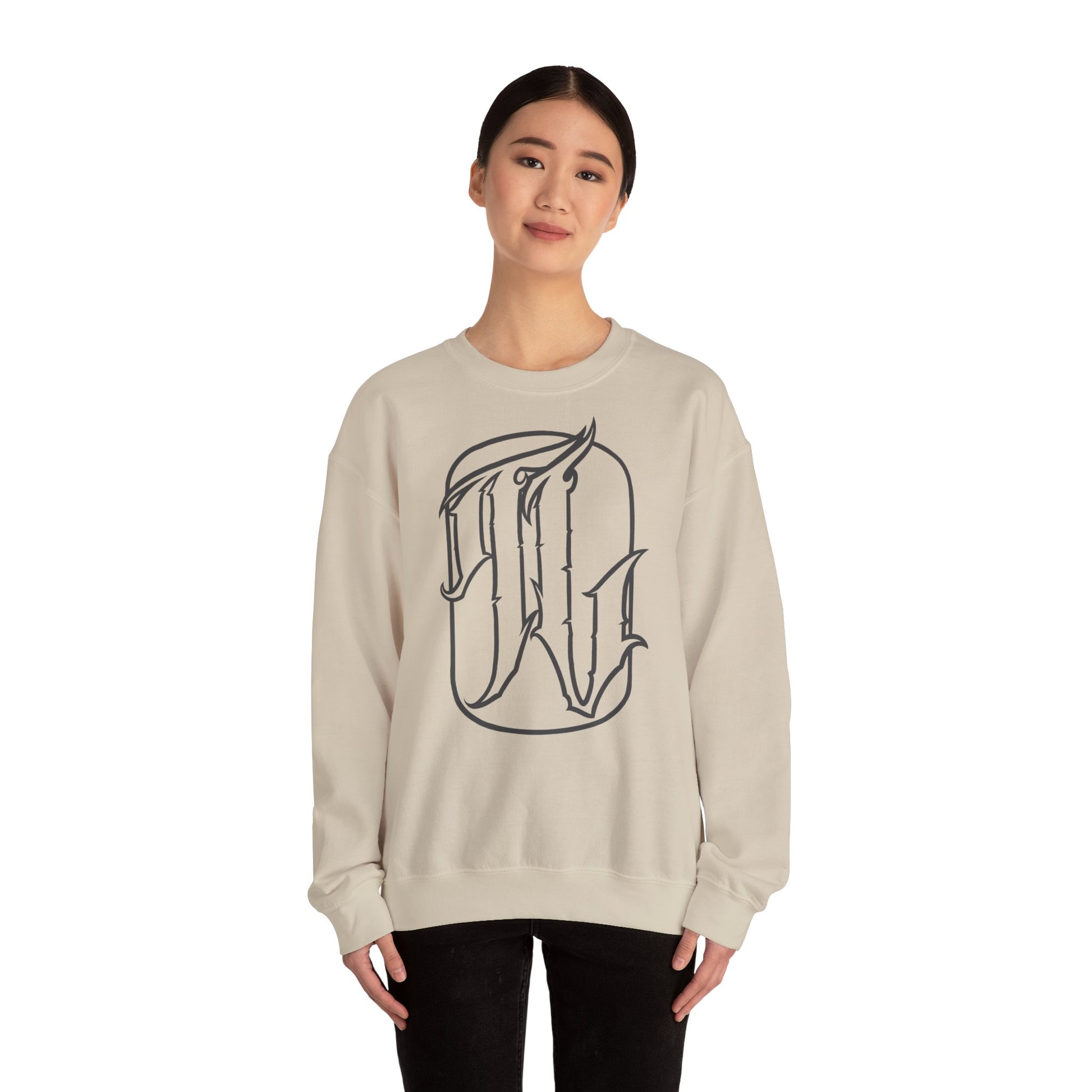 woman wearing sand sweatshirt with a text design on the front, front