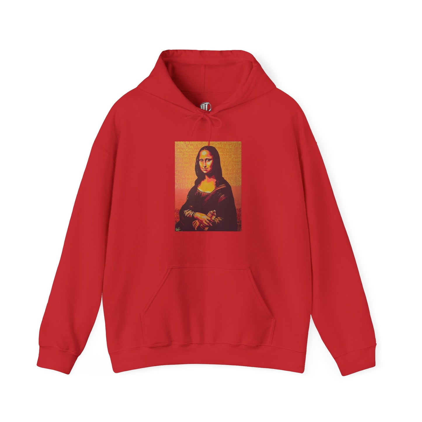red hooded sweatshirt featuring a printed portrait of a famous painting on the front, front