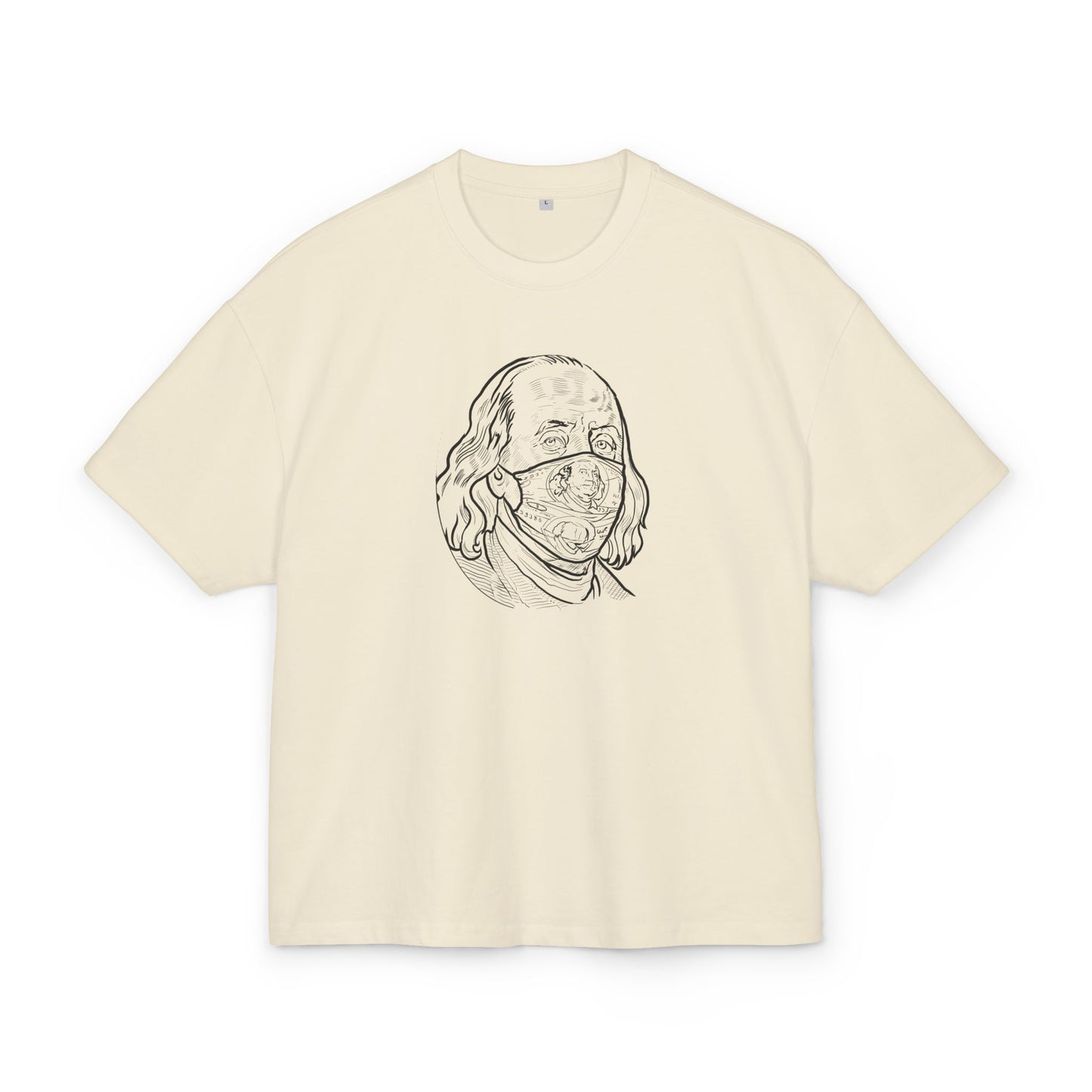 Sand t-shirt with a graphic of a face wearing a mask on a white background, front