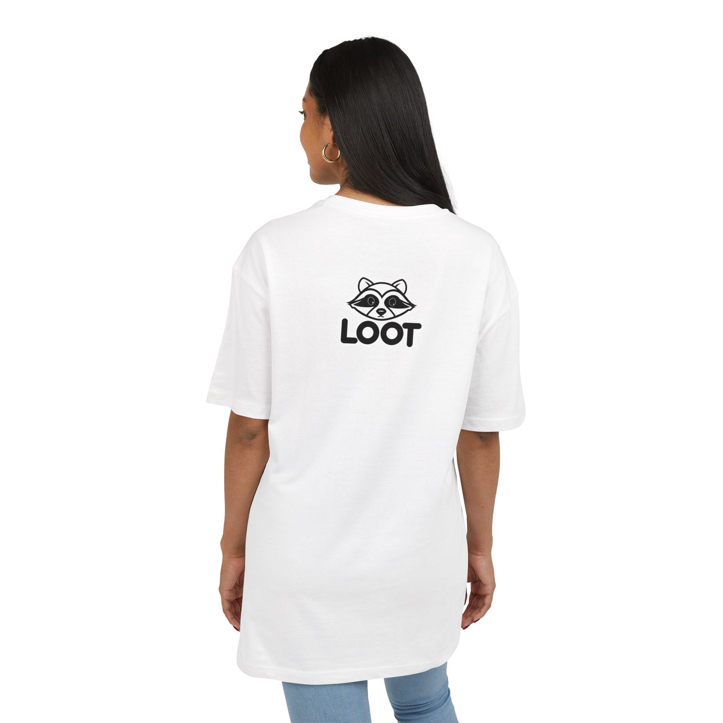 Person wearing a white t-shirt with 'LOOT' logo on the back, standing against a white background, back