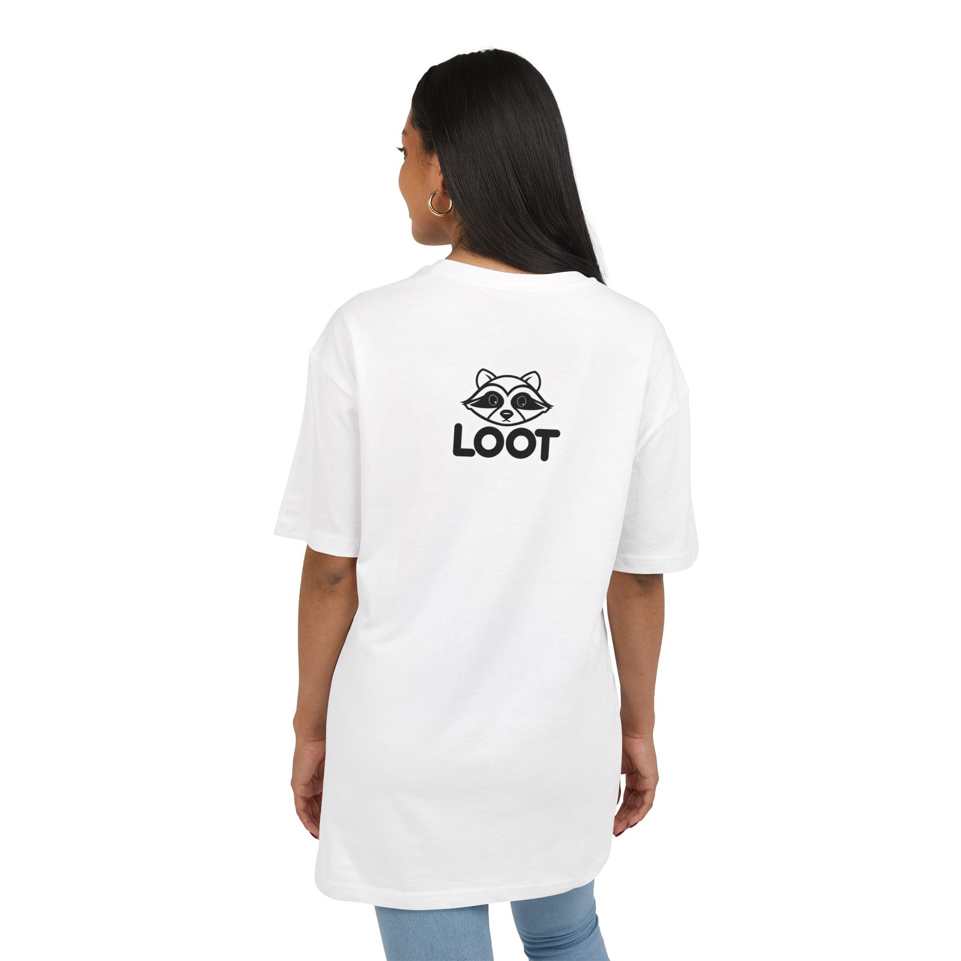 Person wearing a white t-shirt with 'LOOT' logo on the back, standing against a white background, back