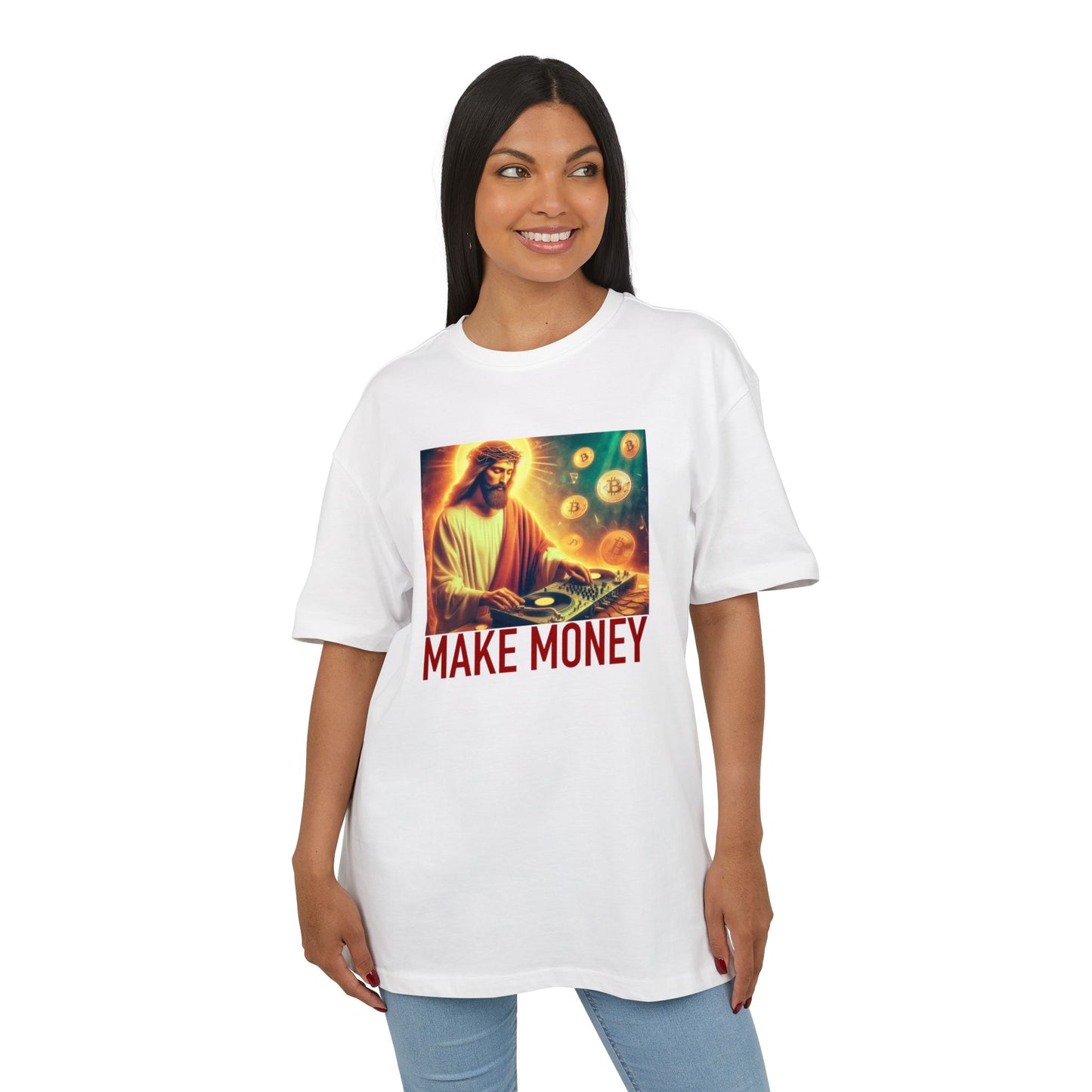 woman wearing white t-shirt with a graphic of a person playing music equipment and 'MAKE MONEY' text on a white background, front