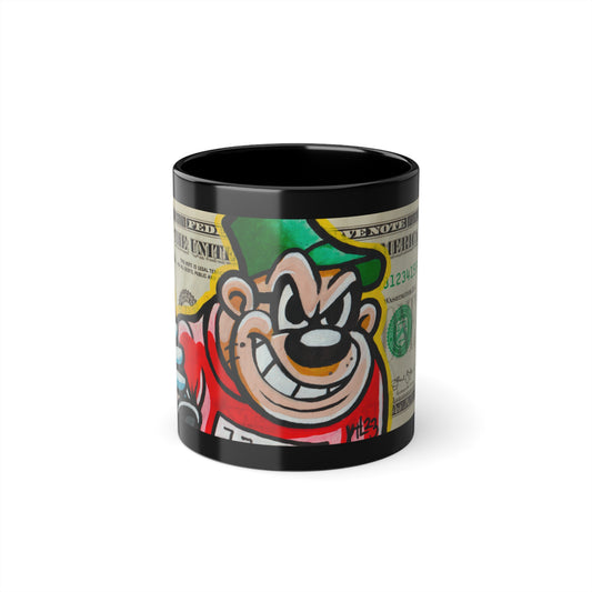 A black ceramic coffee mug with a glossy finish dollar art and a colorful character illustration on the side, front