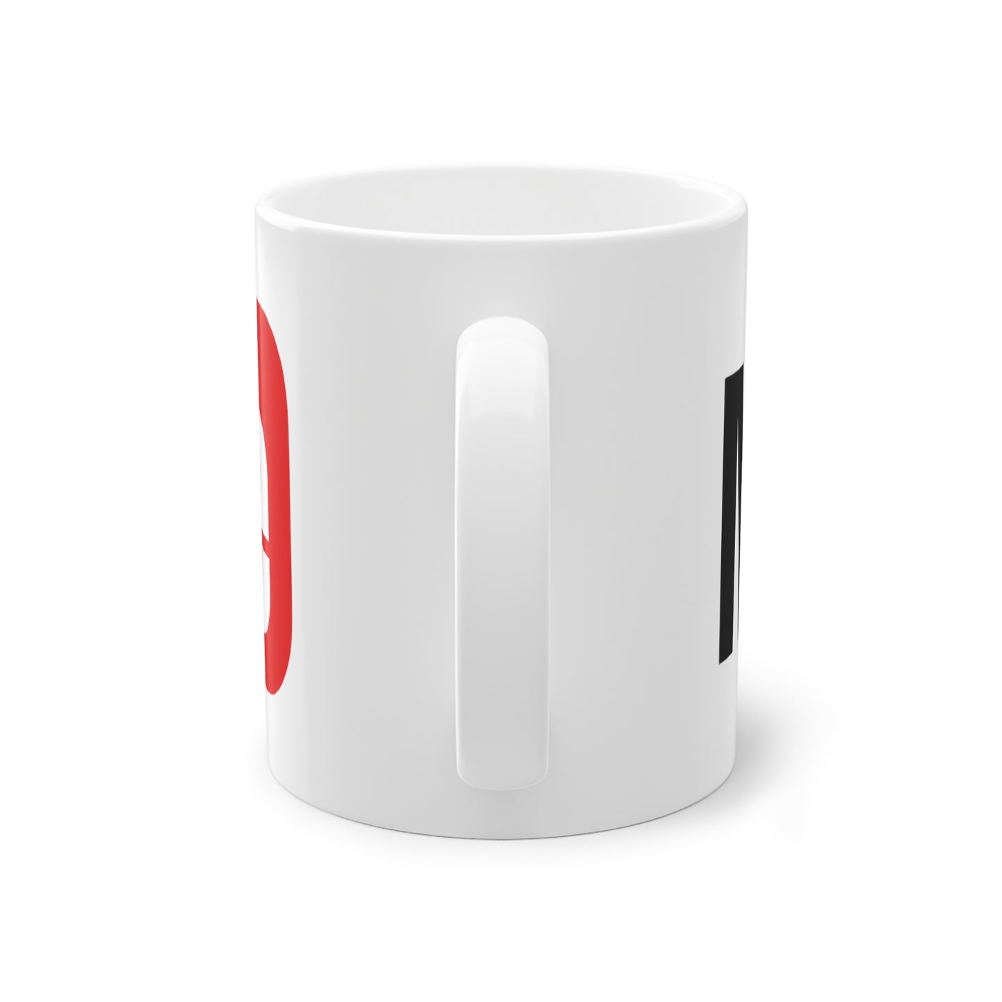 White mug with a red and black design with text "NO Hope" on a white background, back