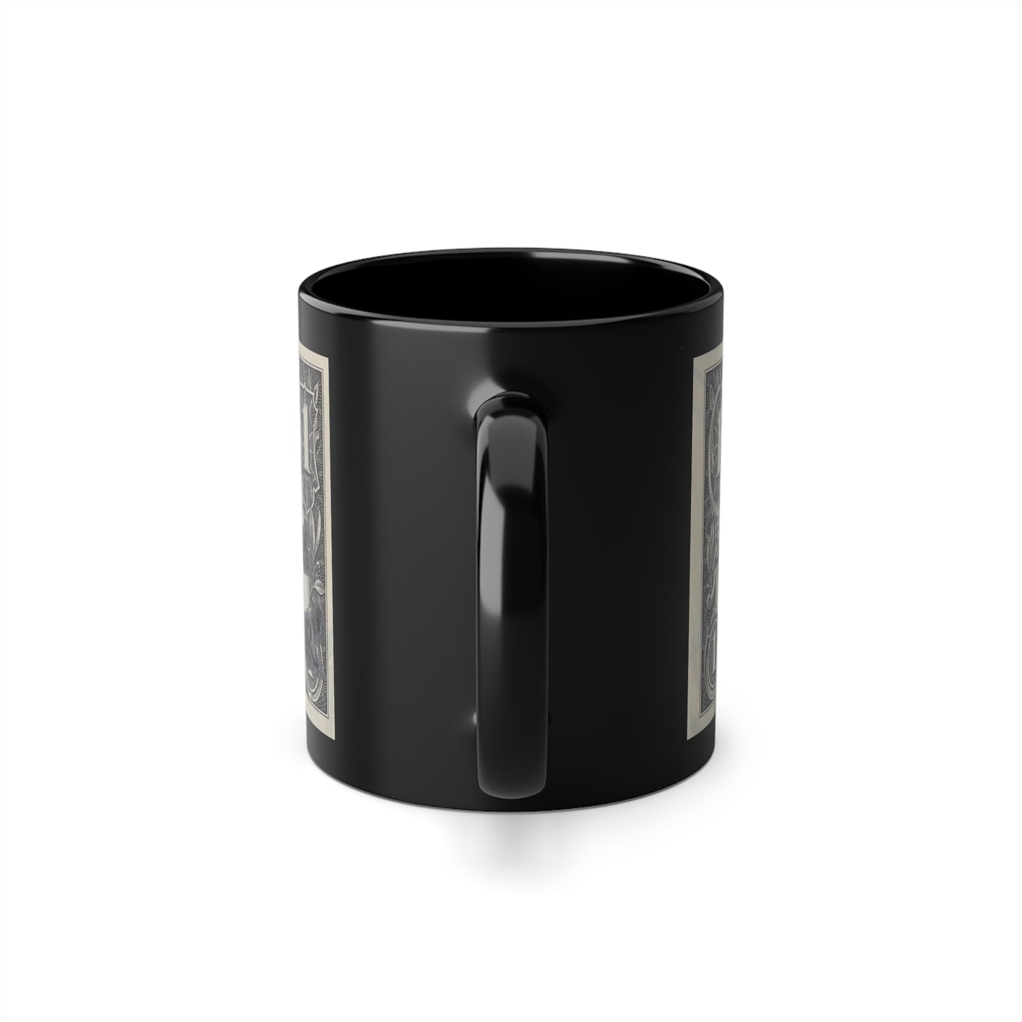 Black mug with handle on white background, back