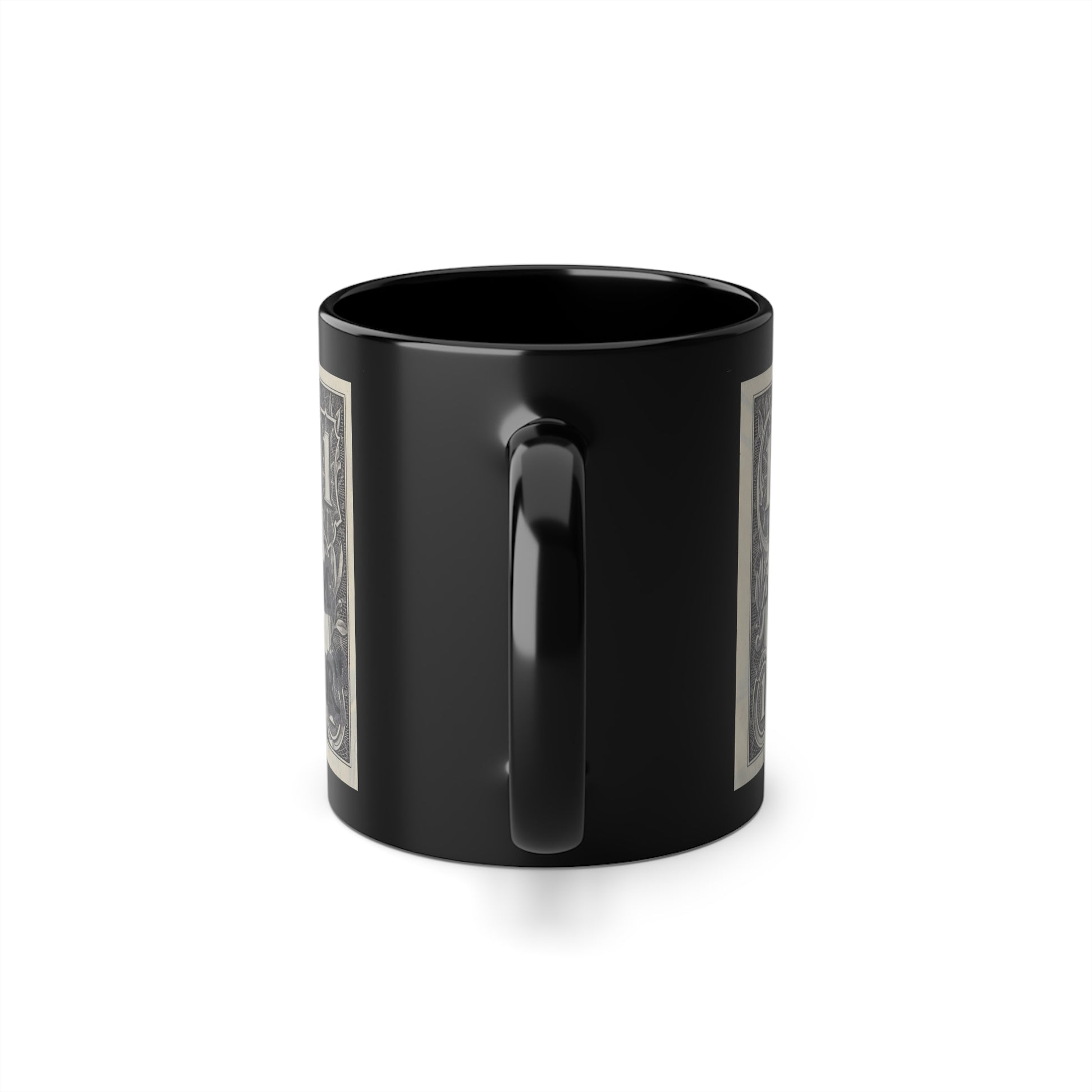 Black mug with handle on white background, back