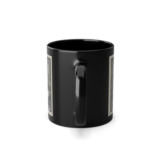 Black mug with handle on white background, back
