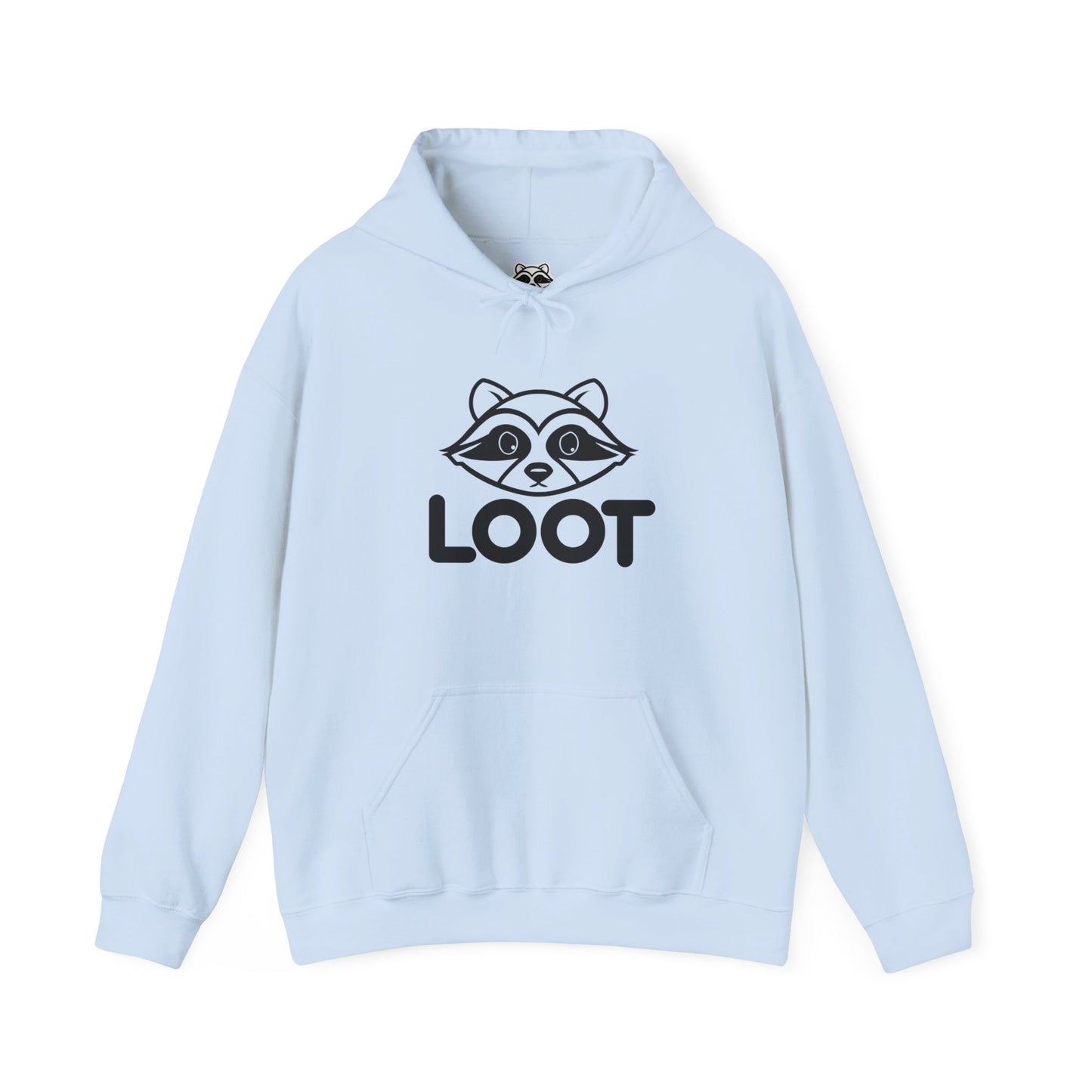light blue hoodie with a raccoon graphic and 'LOOT' text on a white background, front