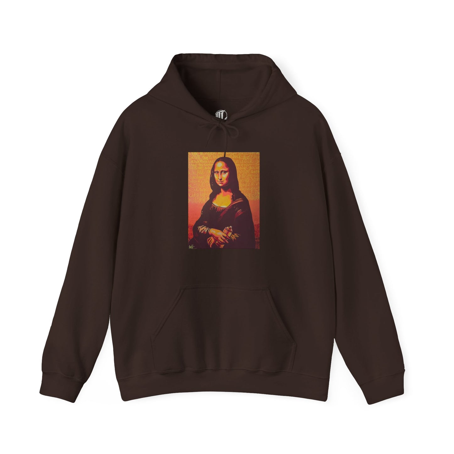 dark chocolate hooded sweatshirt featuring a printed portrait of a famous painting on the front, front