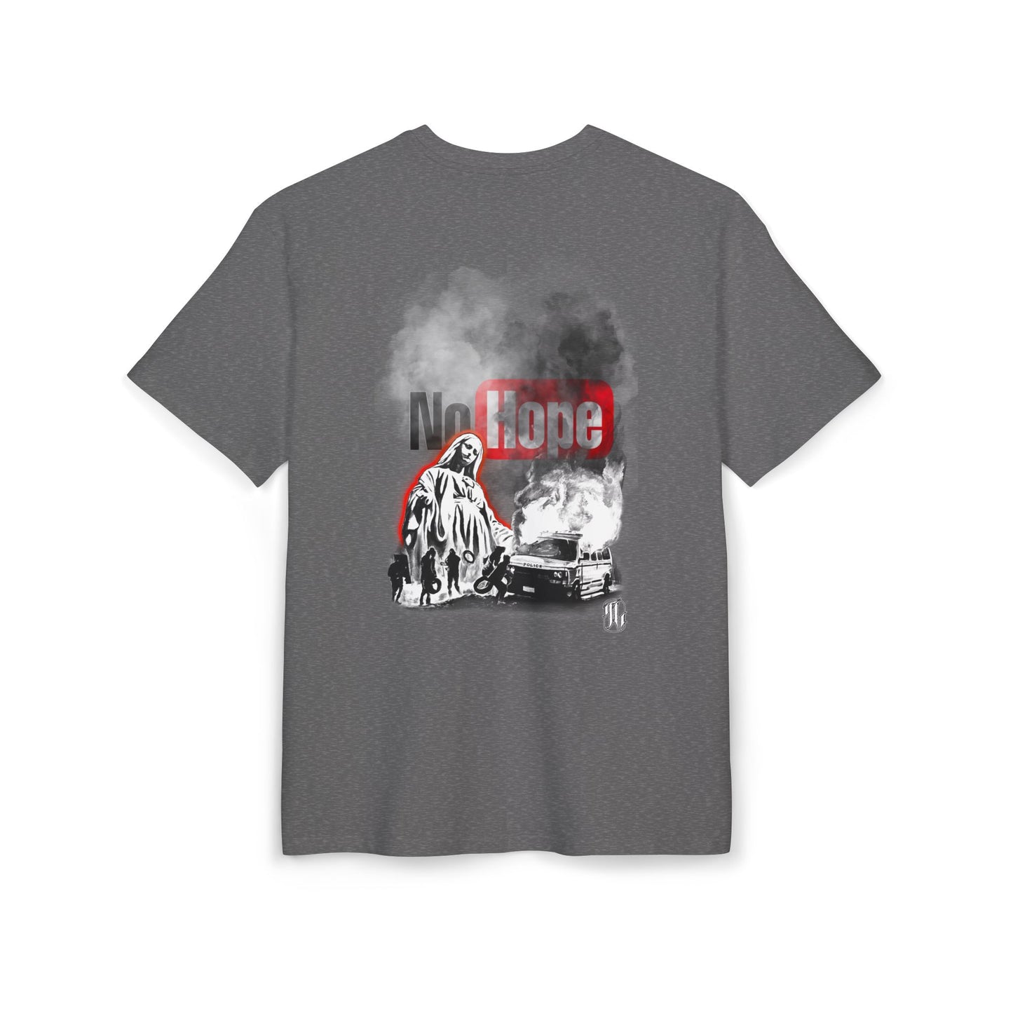 charcoal heather t-shirt with graphic design and text  "No Hope" on a white background, back