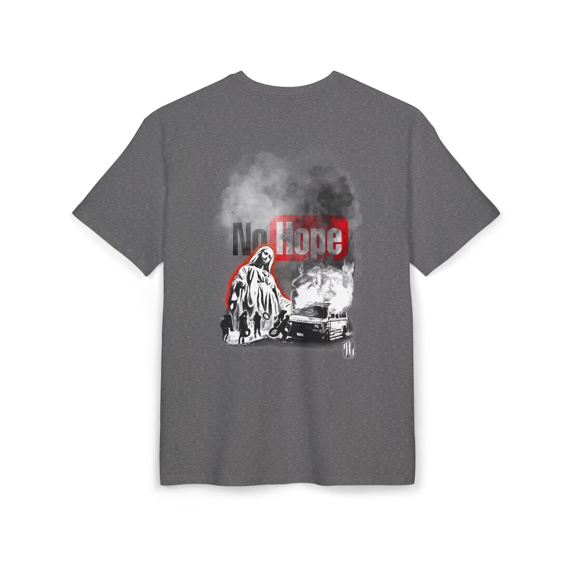 charcoal heather t-shirt with graphic design and text  "No Hope" on a white background, back