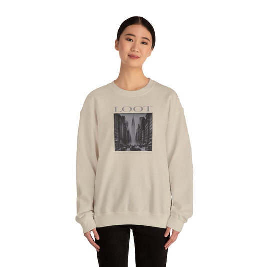 woman wearing sand sweatshirt with black and white graphic and 'LOOT' text on a white background, front