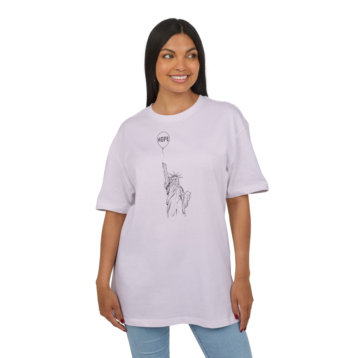 lilac t-shirt with black statue and balloon design on a white background, front