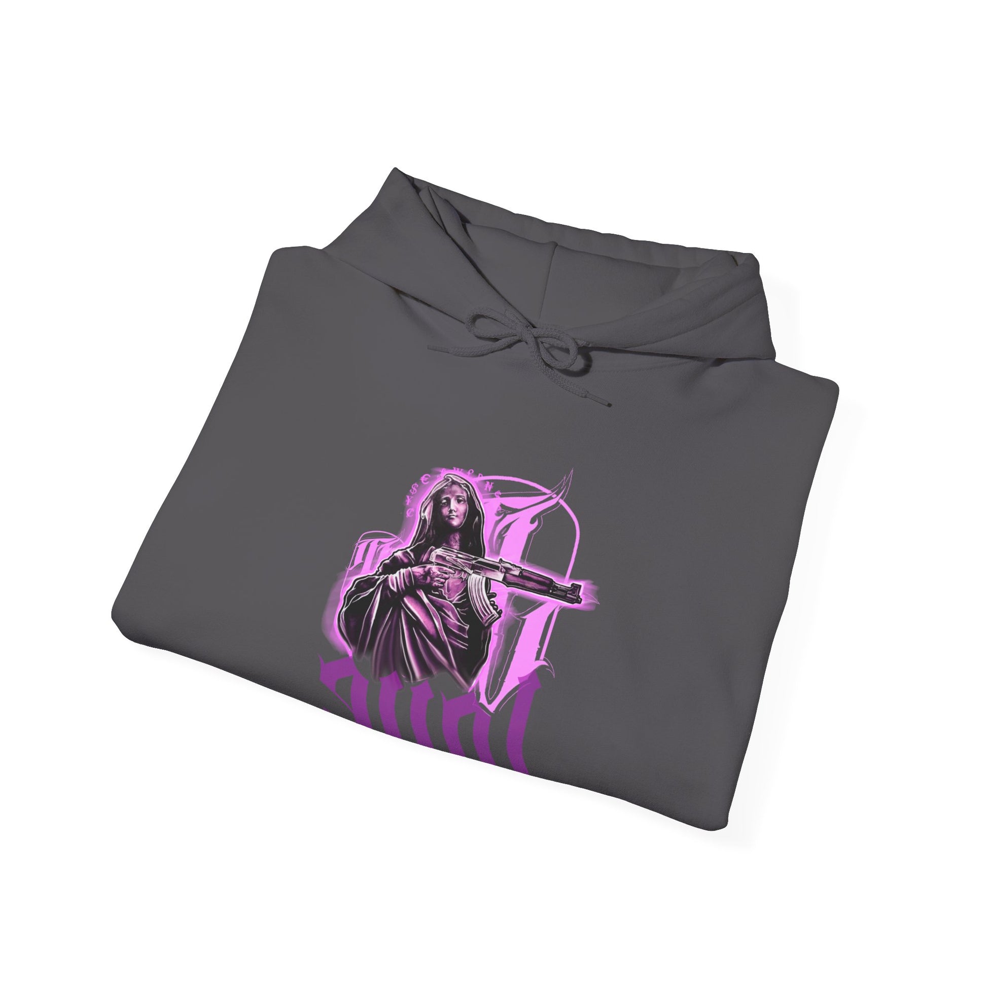 Folded gray hoodie with a purple graphic of a woman holding a ak on a white background, front