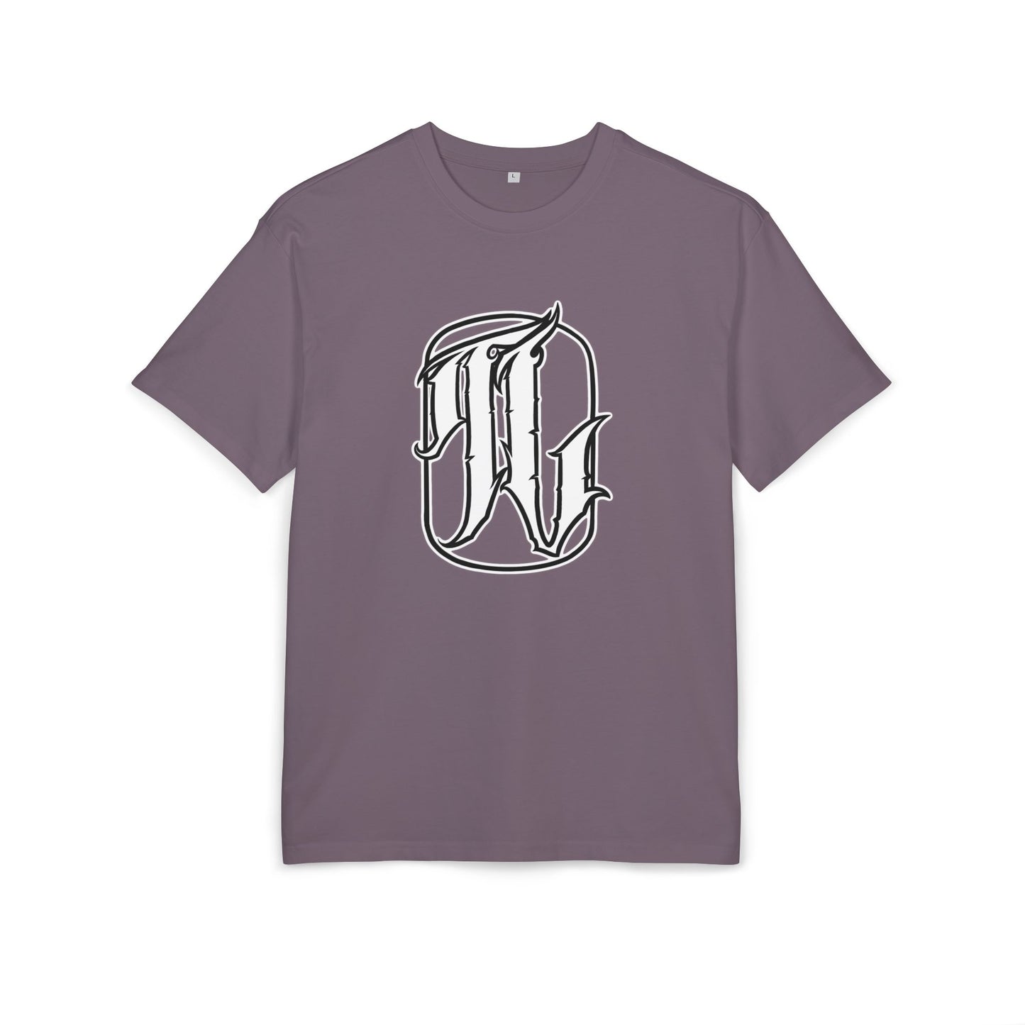 Purple t-shirt with a white logo on a white background, front