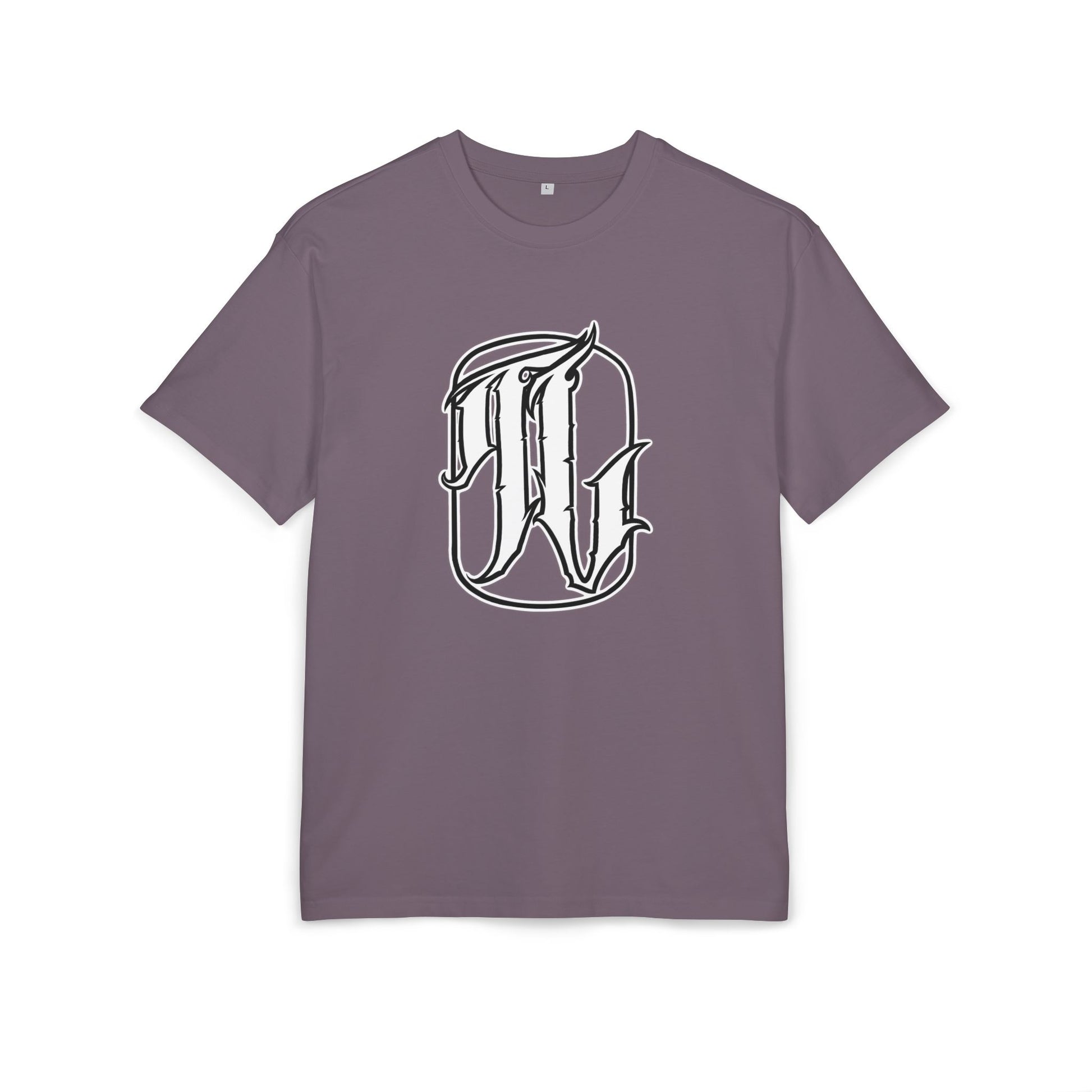 Purple t-shirt with a white logo on a white background, front