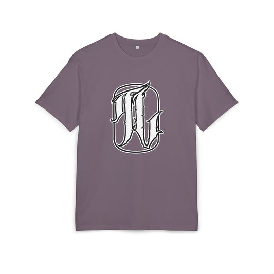 Purple t-shirt with a white logo on a white background, front