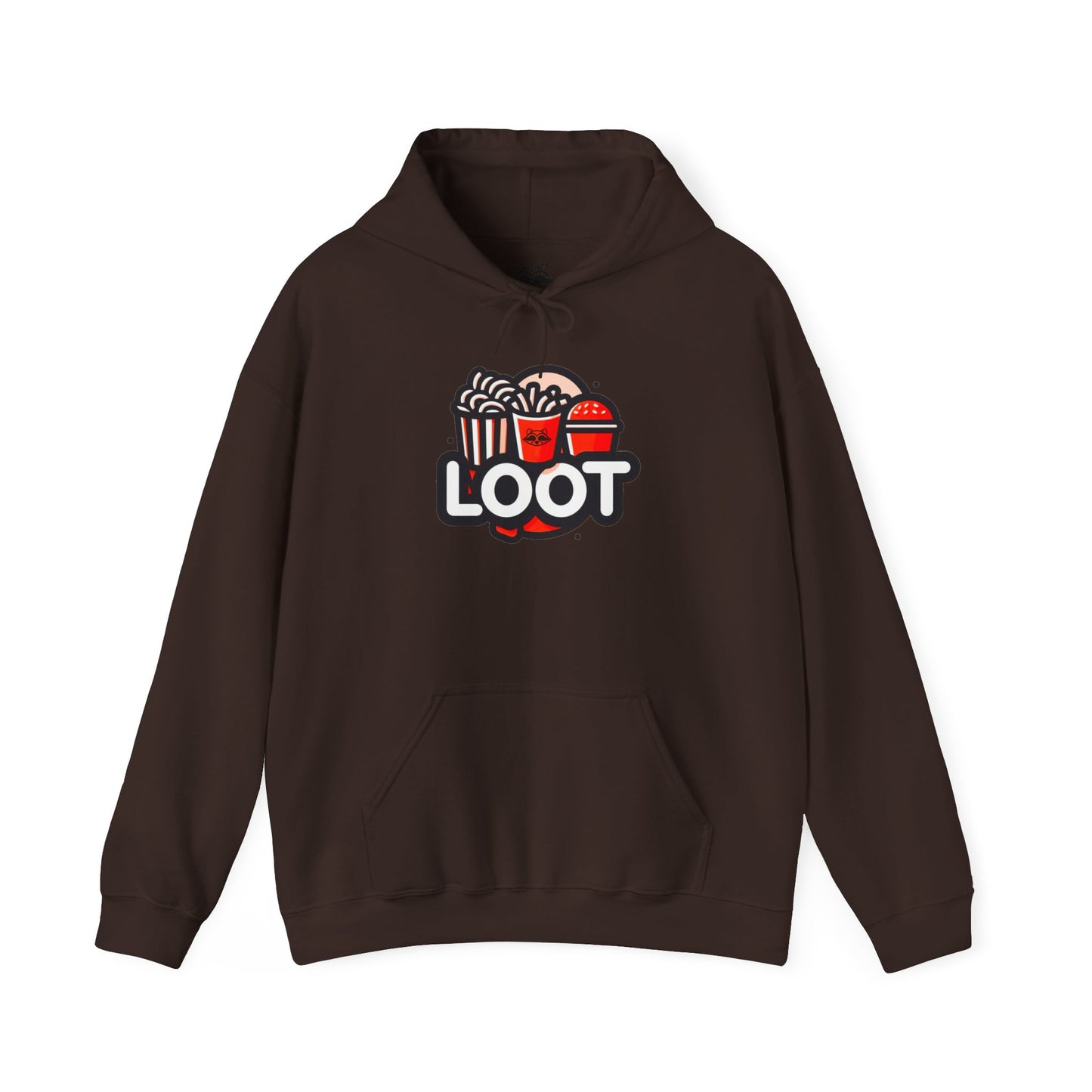 dark chocolate hooded sweatshirt in orange color with a graphic print on the front that reads 'LOOT' with a fast food beside it, front