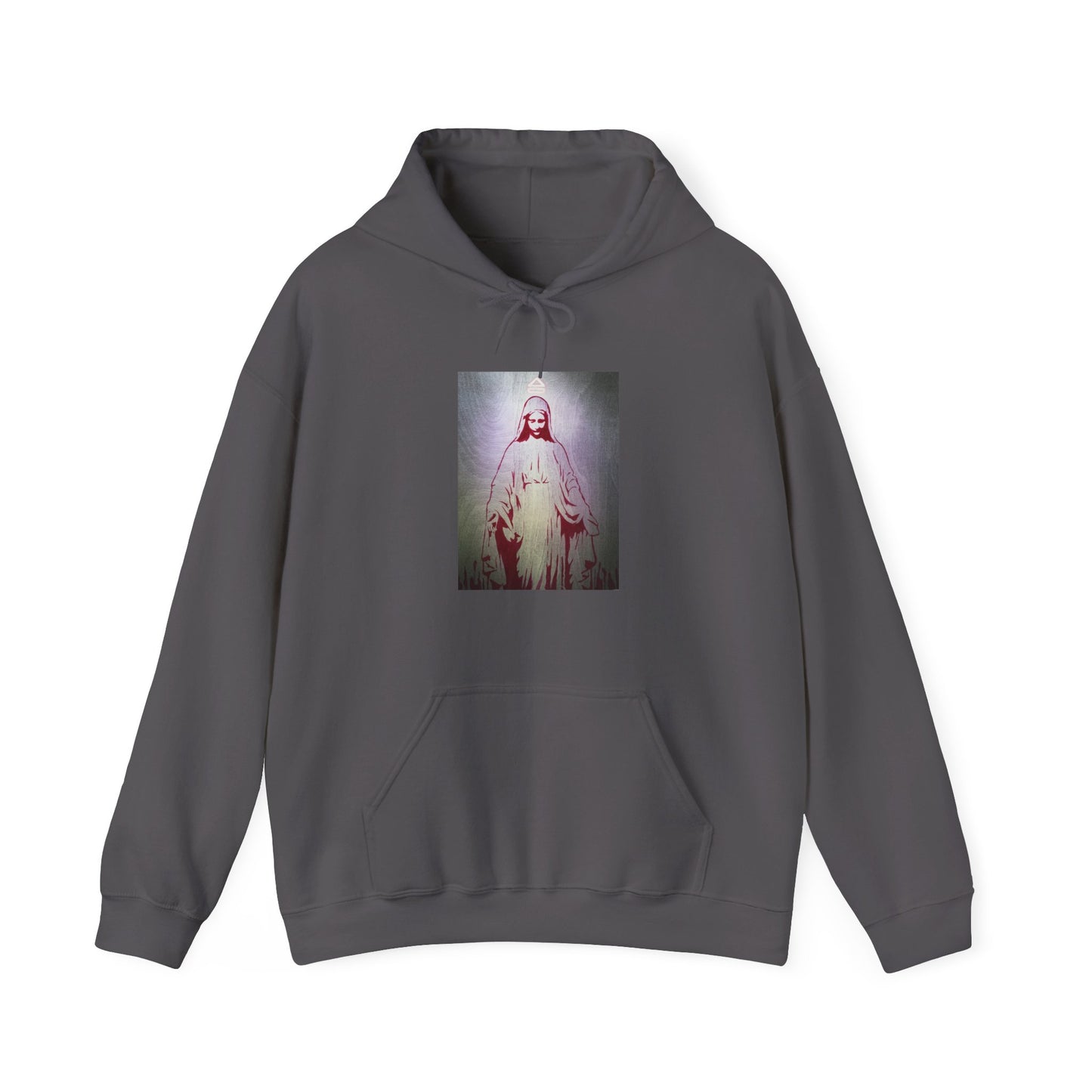charcoal hooded sweatshirt with an image of a female figure in a dress positioned in the center above the waist on white background, front