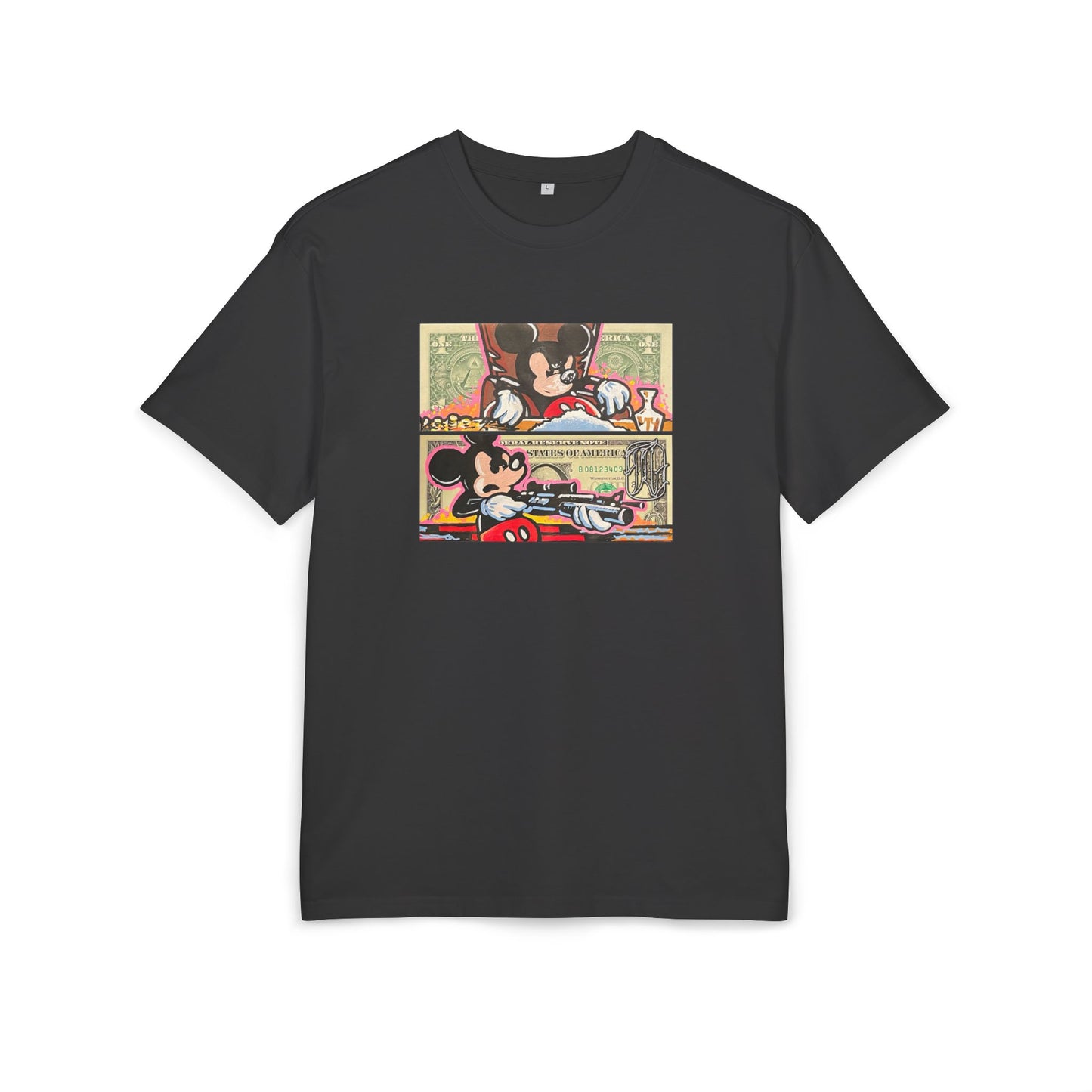 Black t-shirt with mickey mouse design on a white background, front