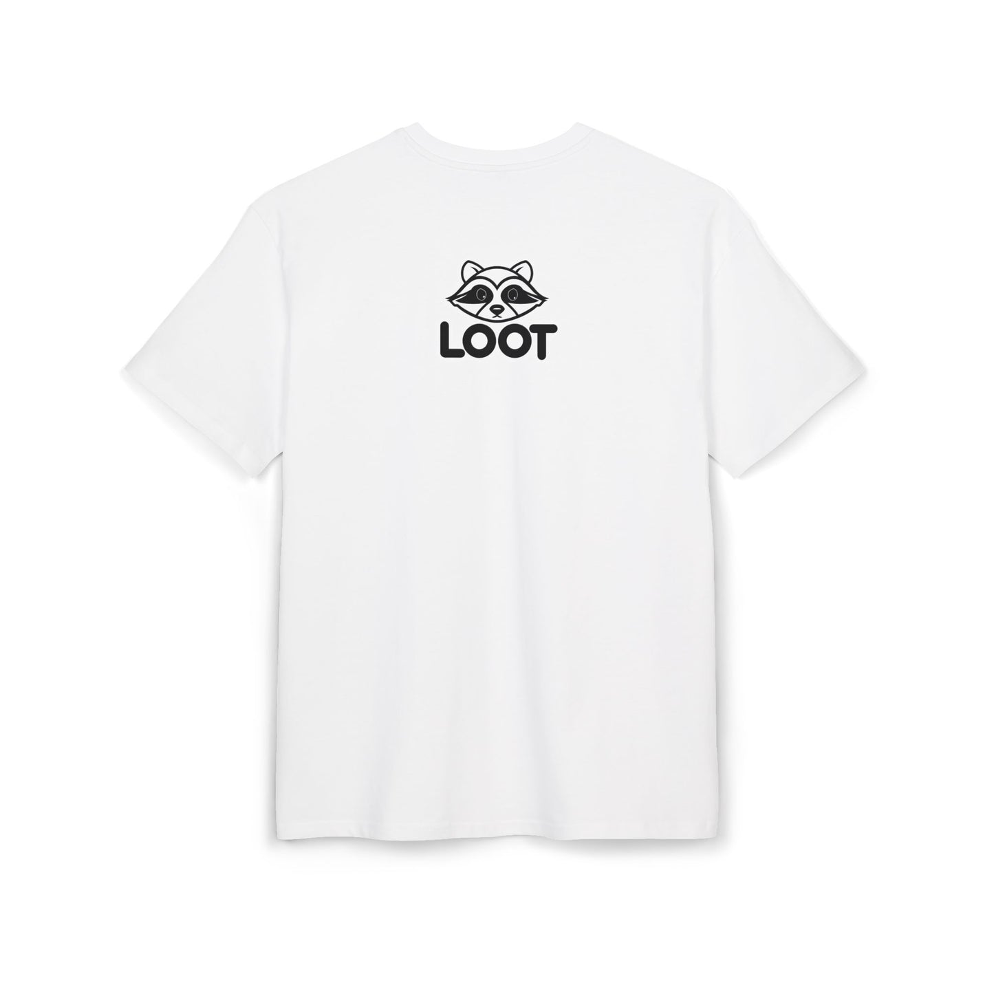 White t-shirt with 'LOOT' logo on a white background, back