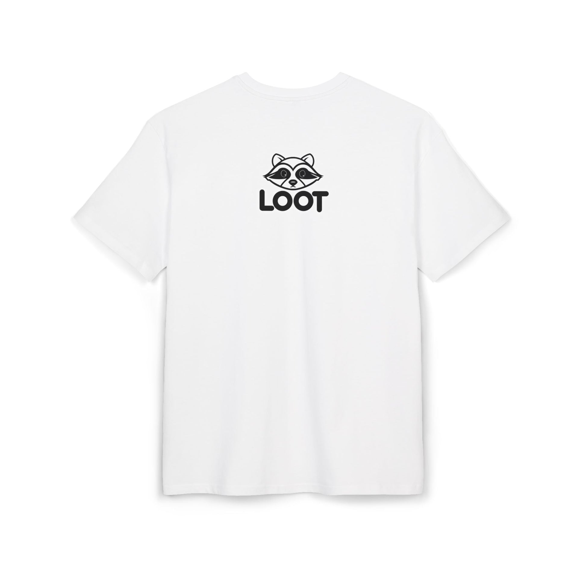 White t-shirt with 'LOOT' logo on a white background, back