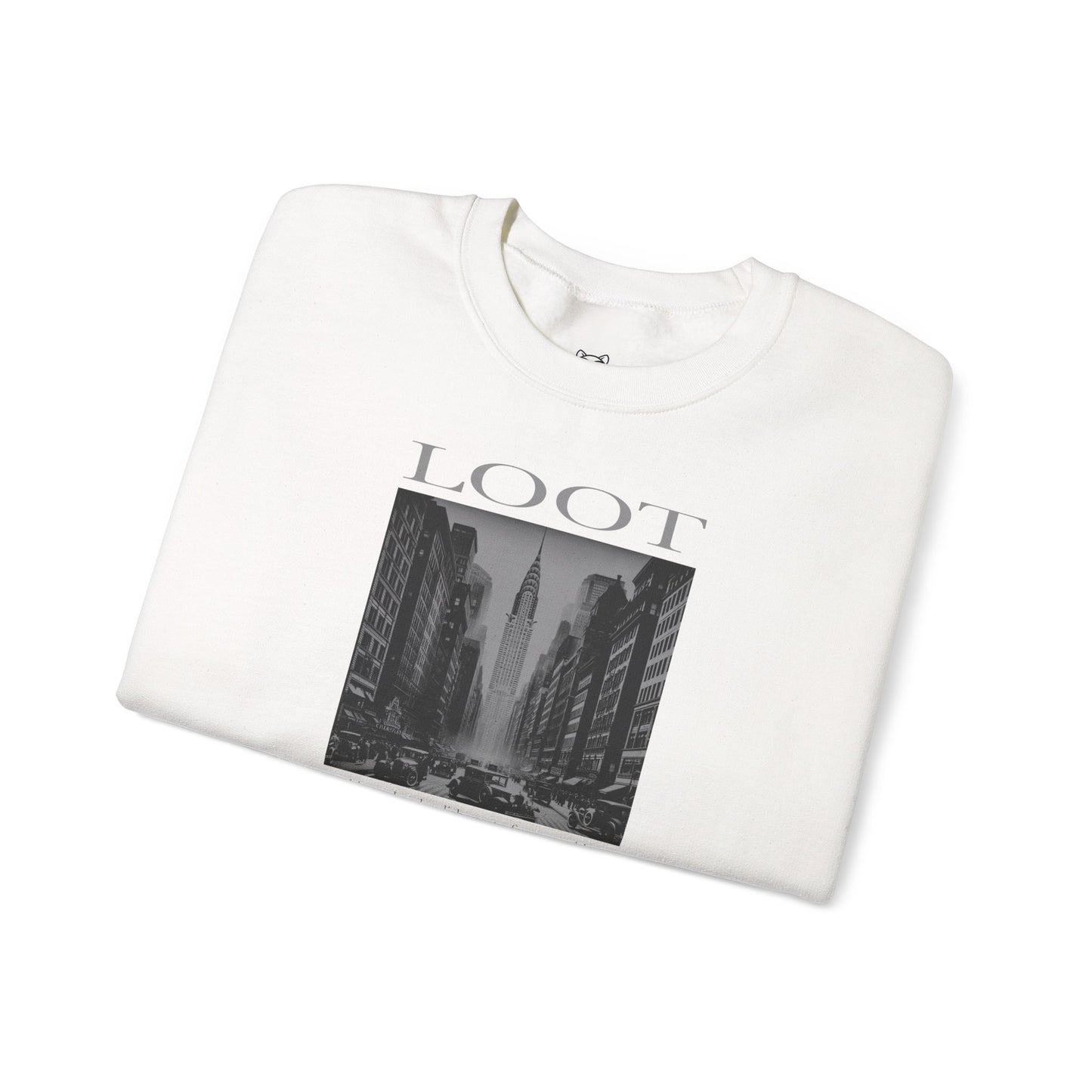 folded white sweatshirt with black and white graphic and 'LOOT' text on a white background, front