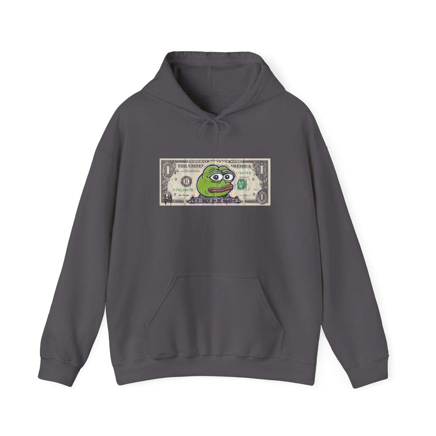 Gray hoodie with a graphic of a frog on a dollar bill on a white background, front