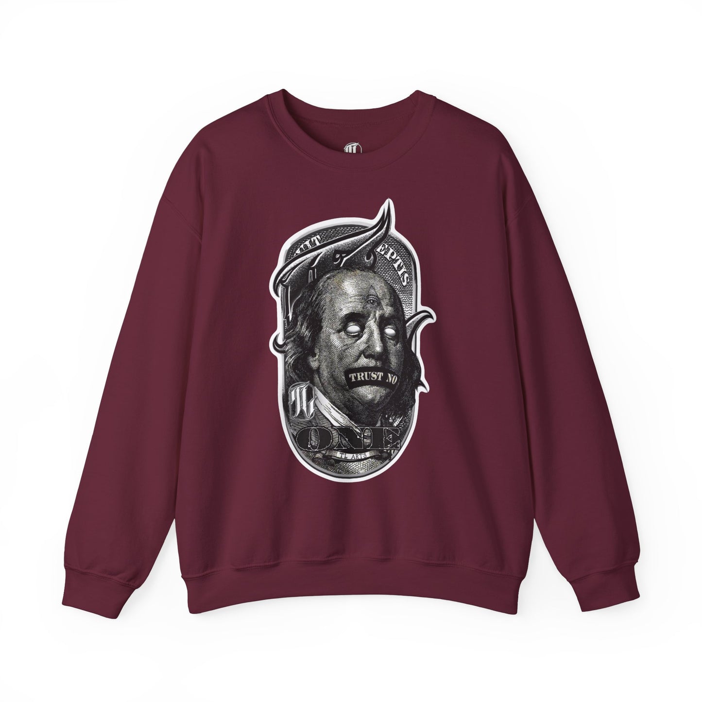 A maroon sweatshirt with a graphic print of a character's face in black and white, front