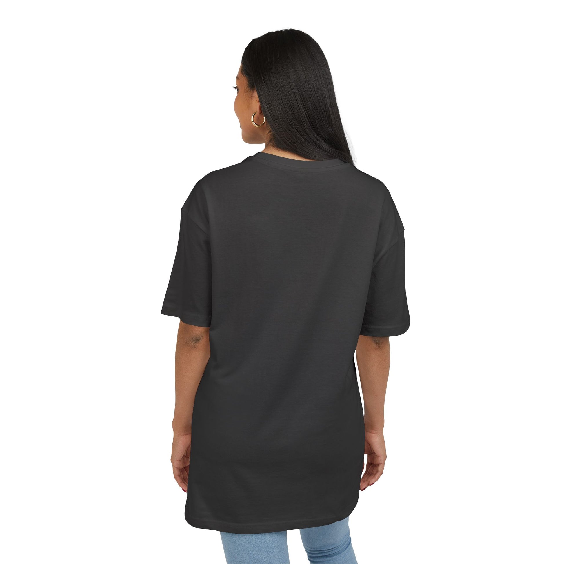 Person wearing a black t-shirt on a white background. back