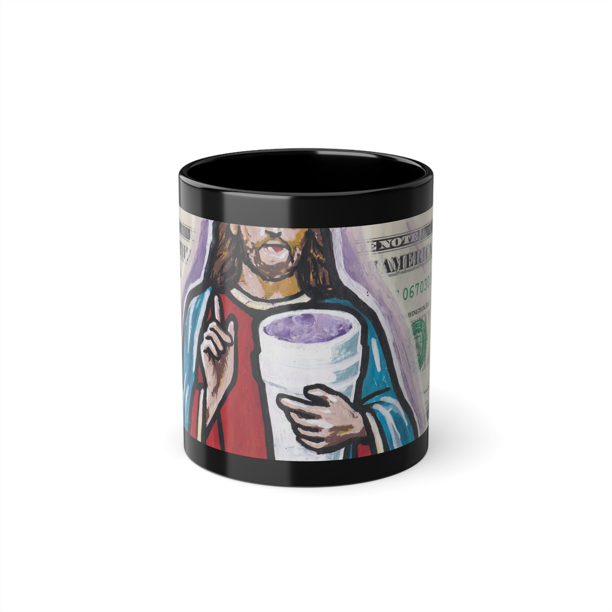 A black ceramic coffee cup with a glossy finish and a graphic design of a character holding a container, front