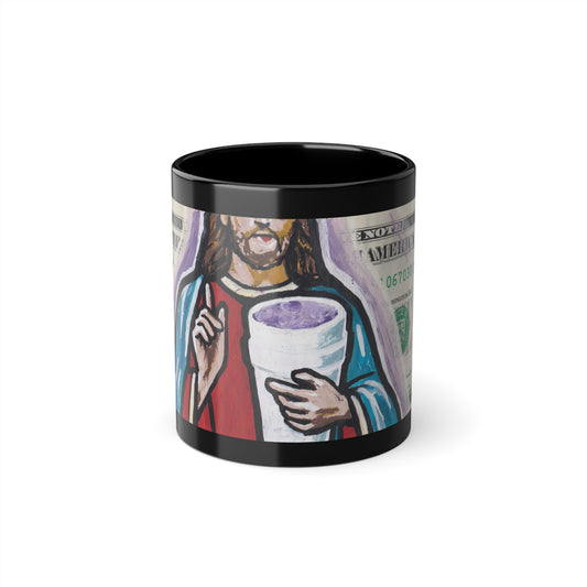 A black ceramic coffee cup with a glossy finish and a graphic design of a character holding a container, front
