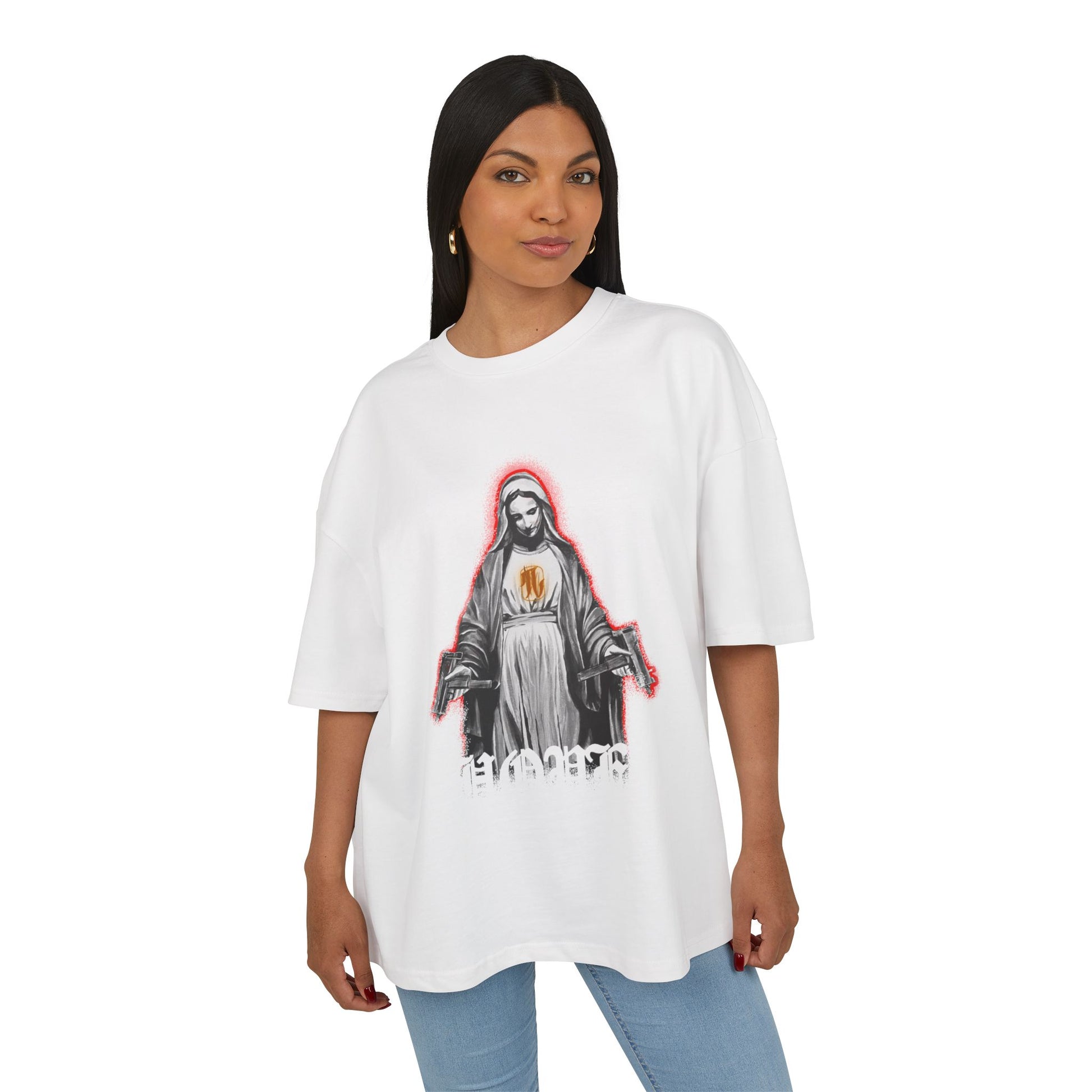 woman wearing box k t-shirt with a graphic print of a person with a red and black outline and the text 'MARIAN', front