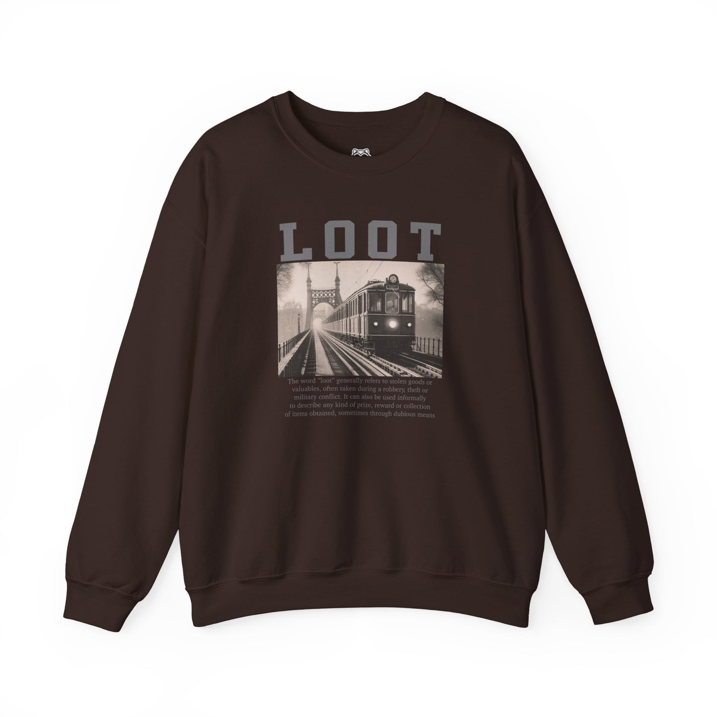dark chocolate sweatshirt with graphic design and 'LOOT' text on a white background, front